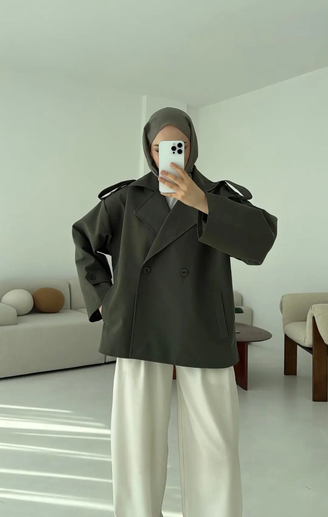 Vatkalı Kısa Trençkot Haki