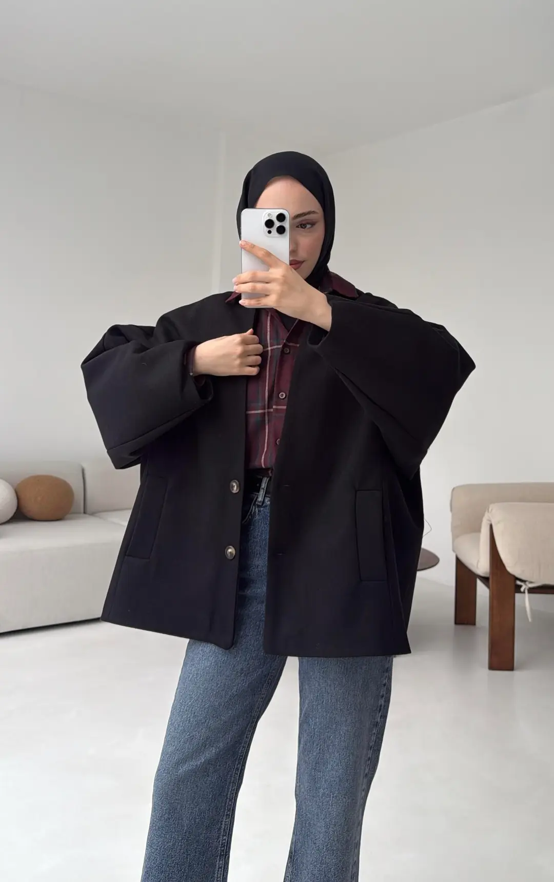 Soft Oversize Kaşe Kaban Siyah