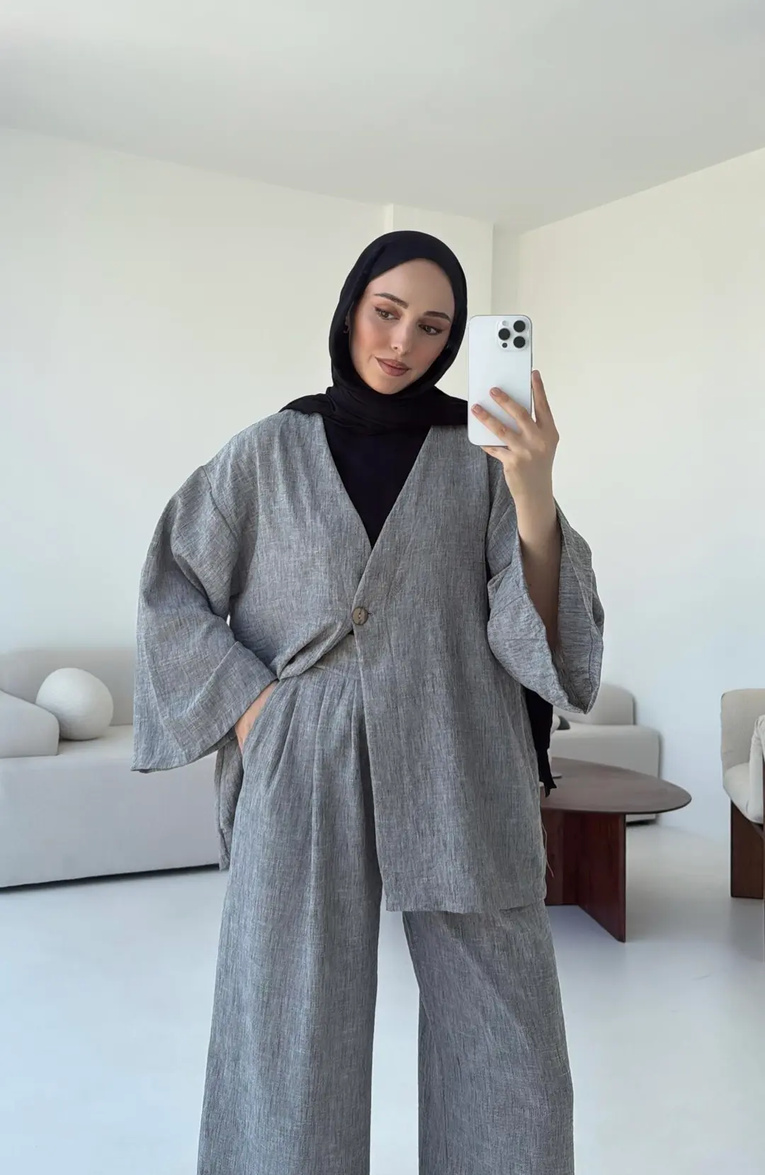 Oversize Tek Dügmeli Keten Takım Gri