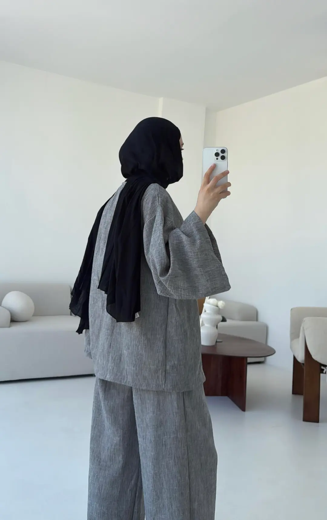 Oversize Tek Dügmeli Keten Takım Gri