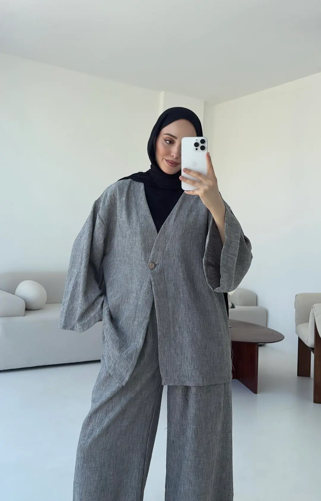 Oversize Tek Dügmeli Keten Takım Gri