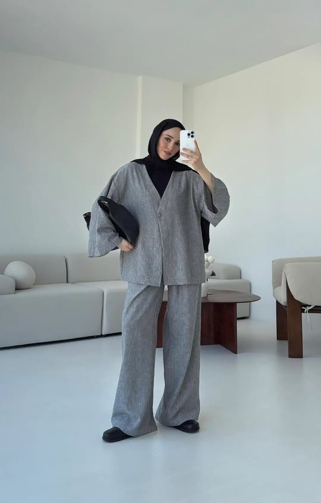 Oversize Tek Dügmeli Keten Takım Gri