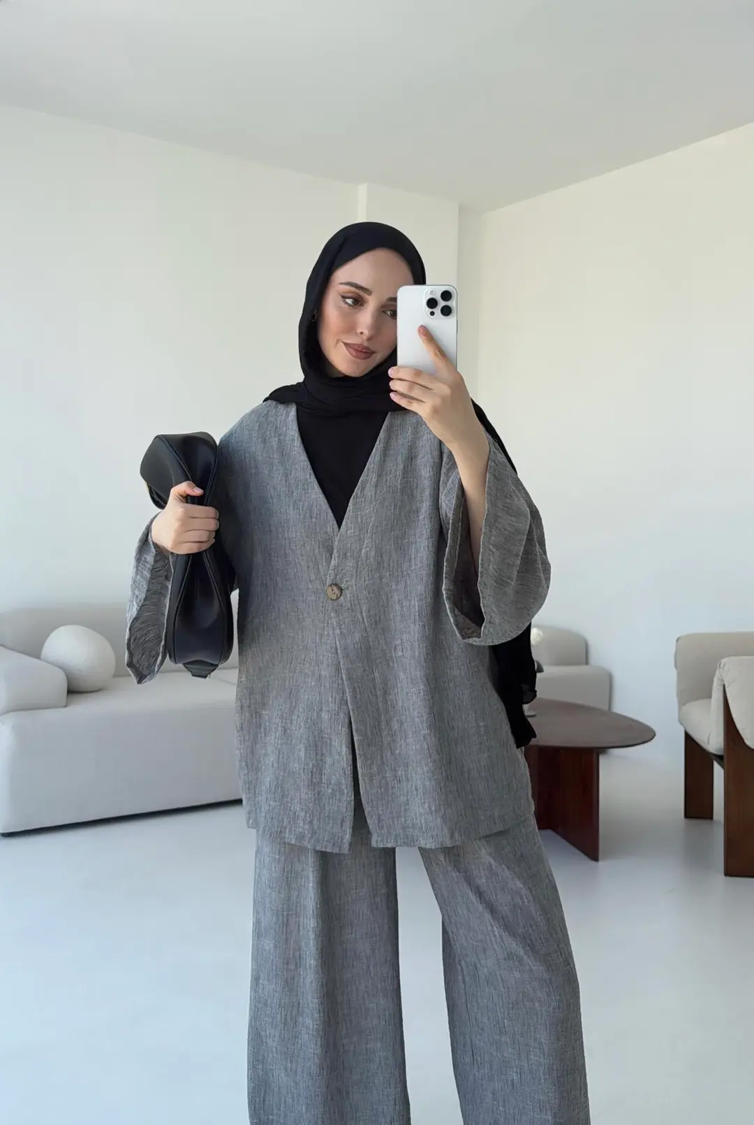 Oversize Tek Dügmeli Keten Takım Gri