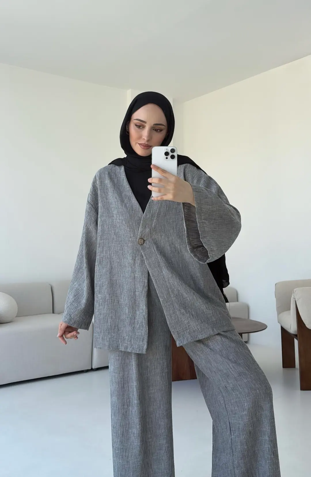 Oversize Tek Dügmeli Keten Takım Gri