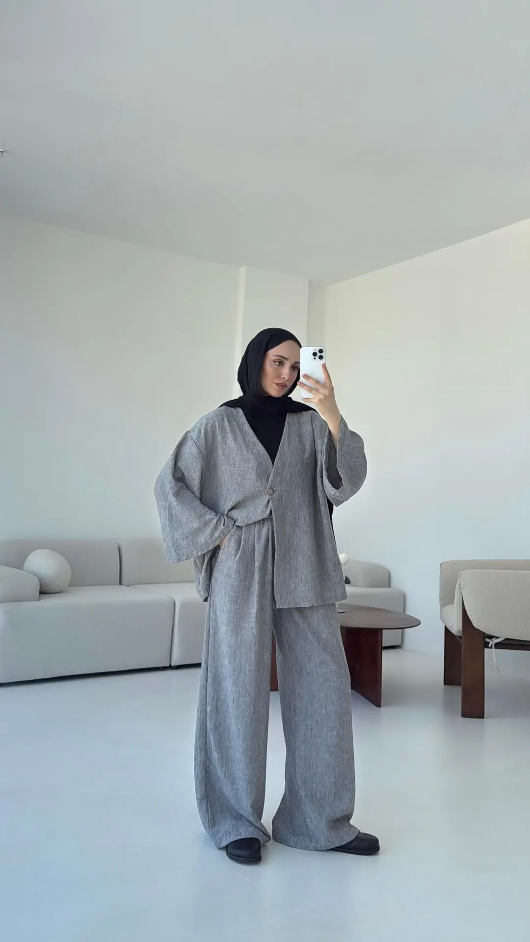 Oversize Tek Dügmeli Keten Takım Gri