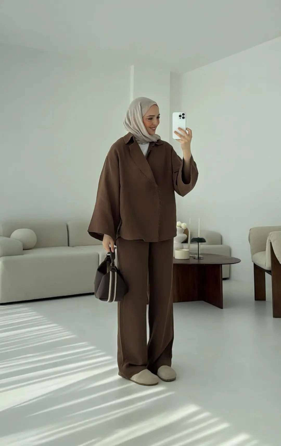 Müslin Düğmeli Kimono Takım Kahve