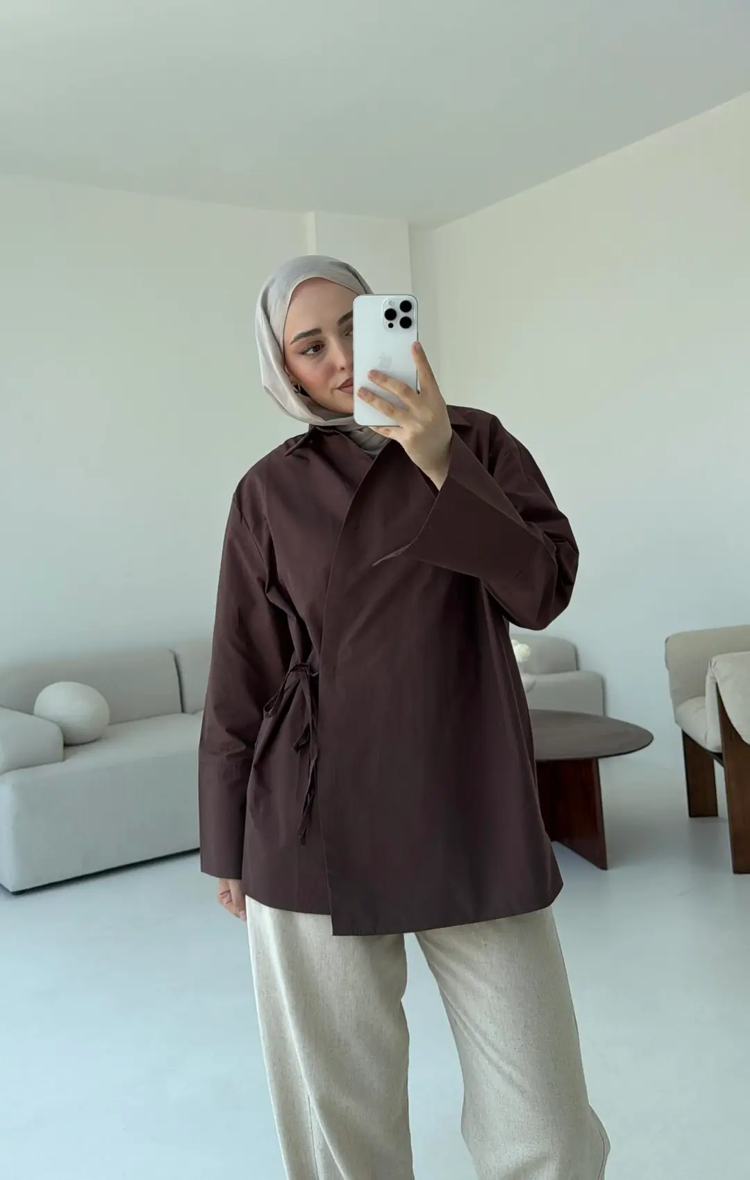 Çapraz Bağlamalı Kol Detay Gömlek Kahve