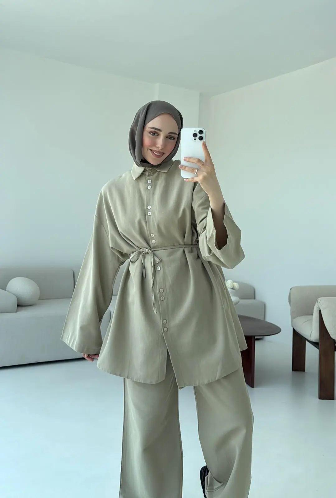 Oversize Keten Gömlek Takım Haki