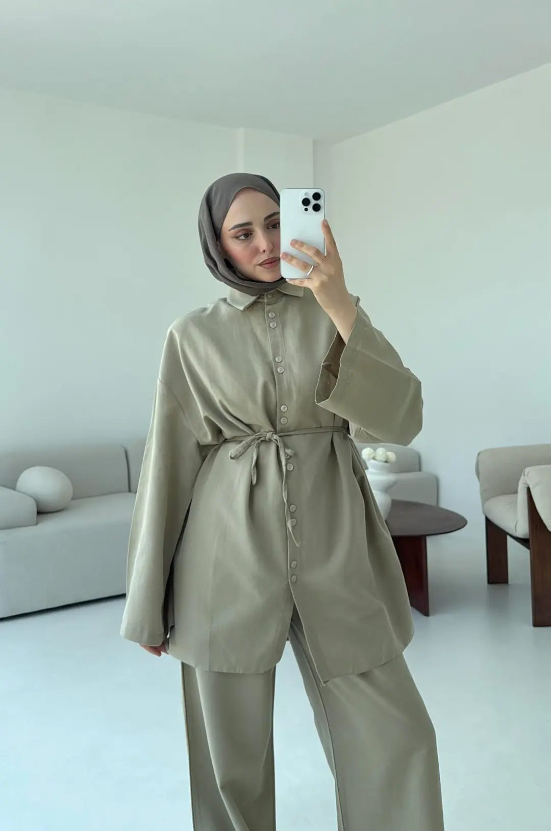 Oversize Keten Gömlek Takım Haki