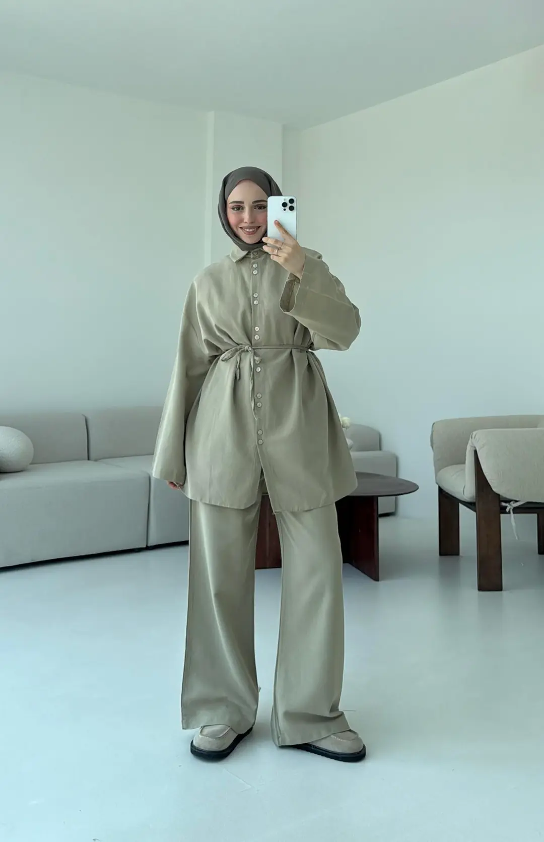 Oversize Keten Gömlek Takım Haki