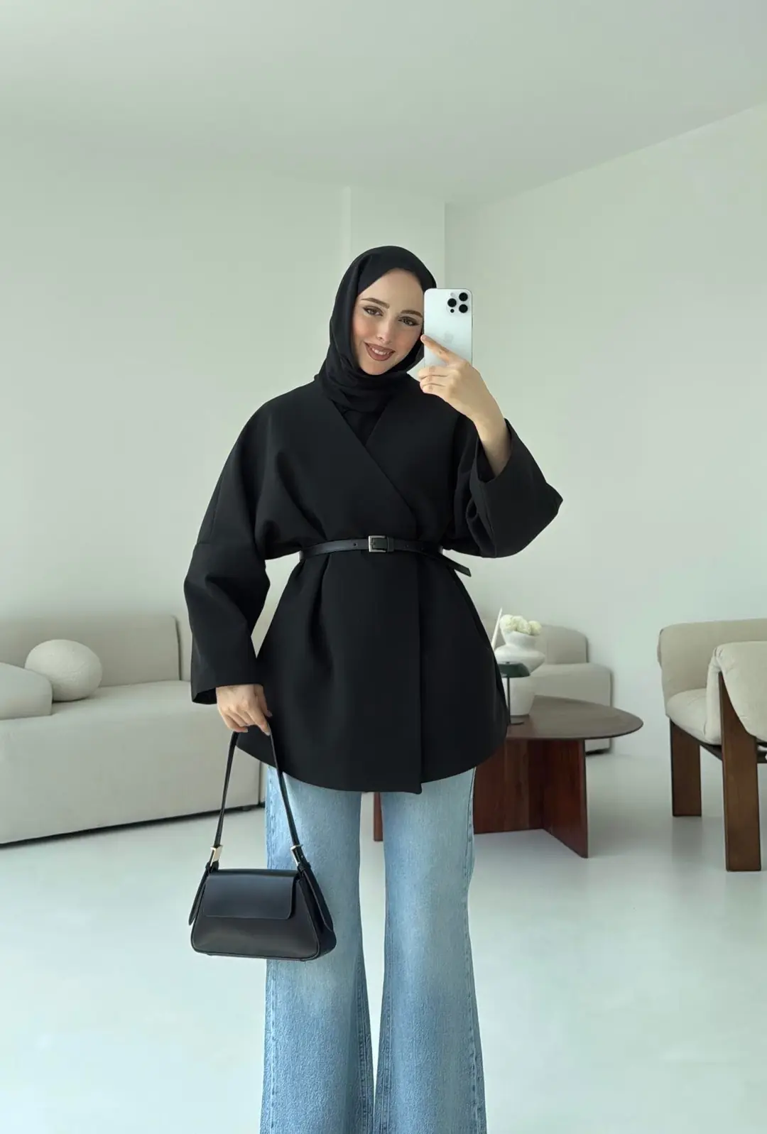 Deri Kemer Detay Oversize Ceket Siyah