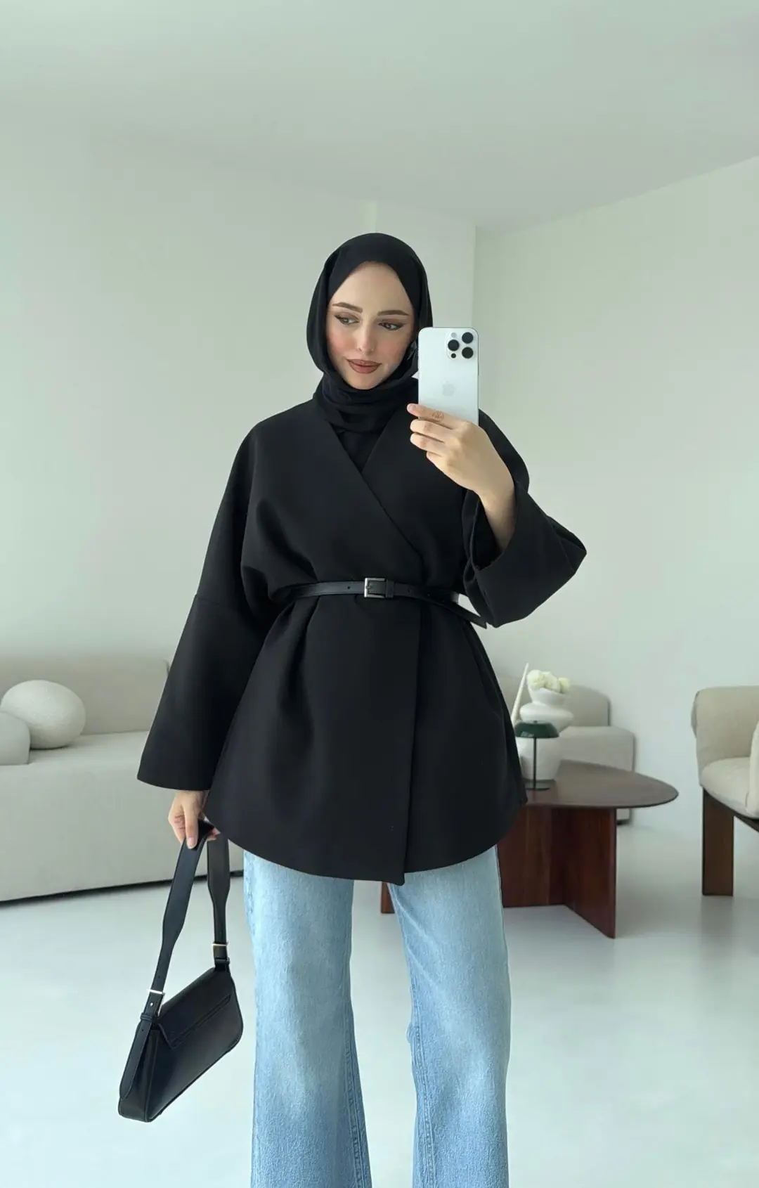Deri Kemer Detay Oversize Ceket Siyah