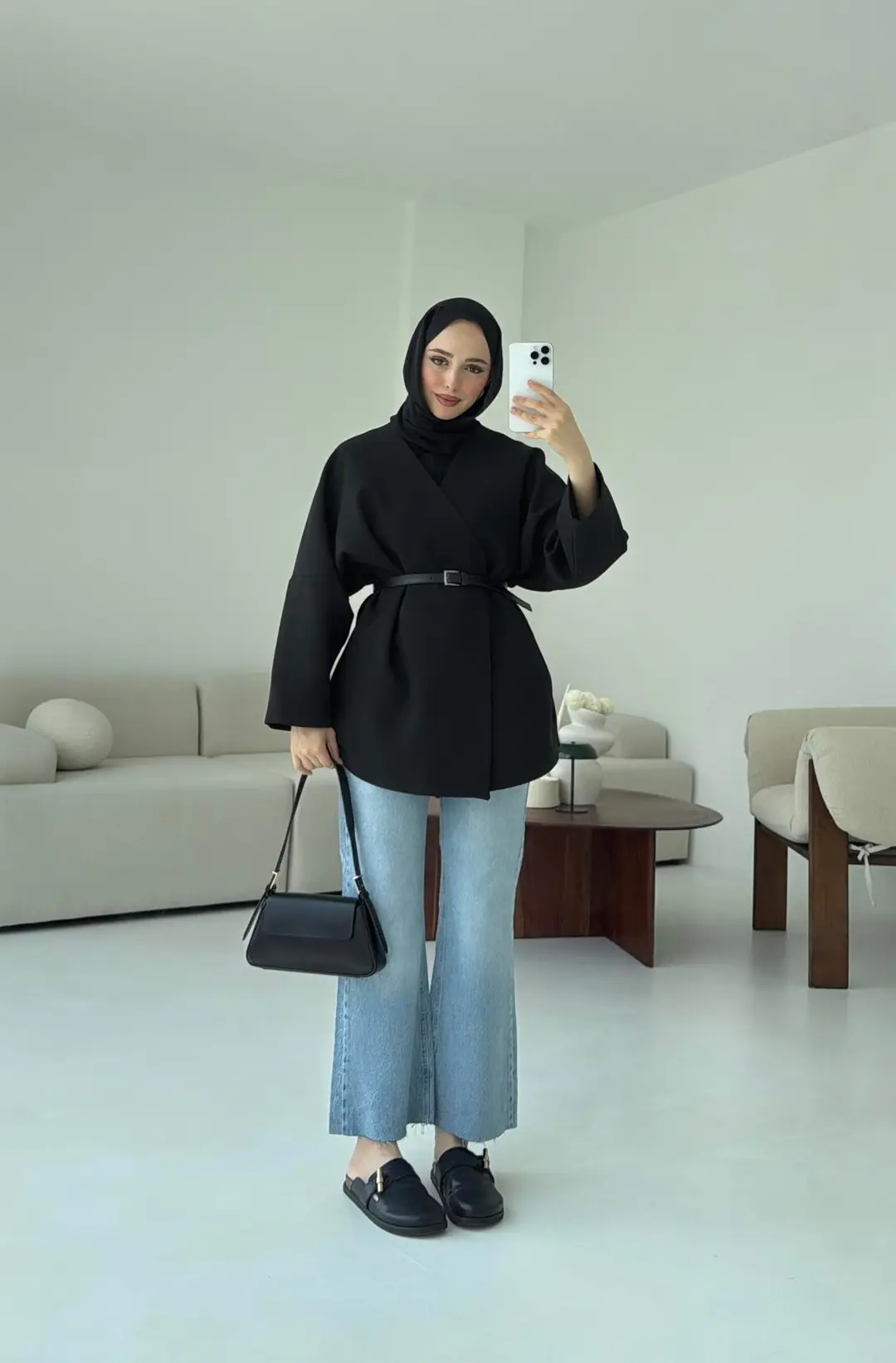 Deri Kemer Detay Oversize Ceket Siyah