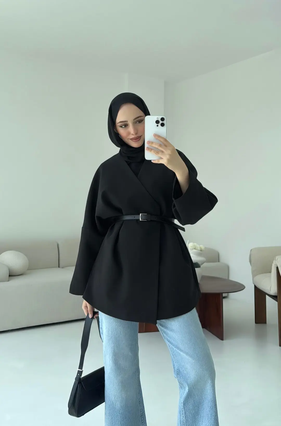 Deri Kemer Detay Oversize Ceket Siyah