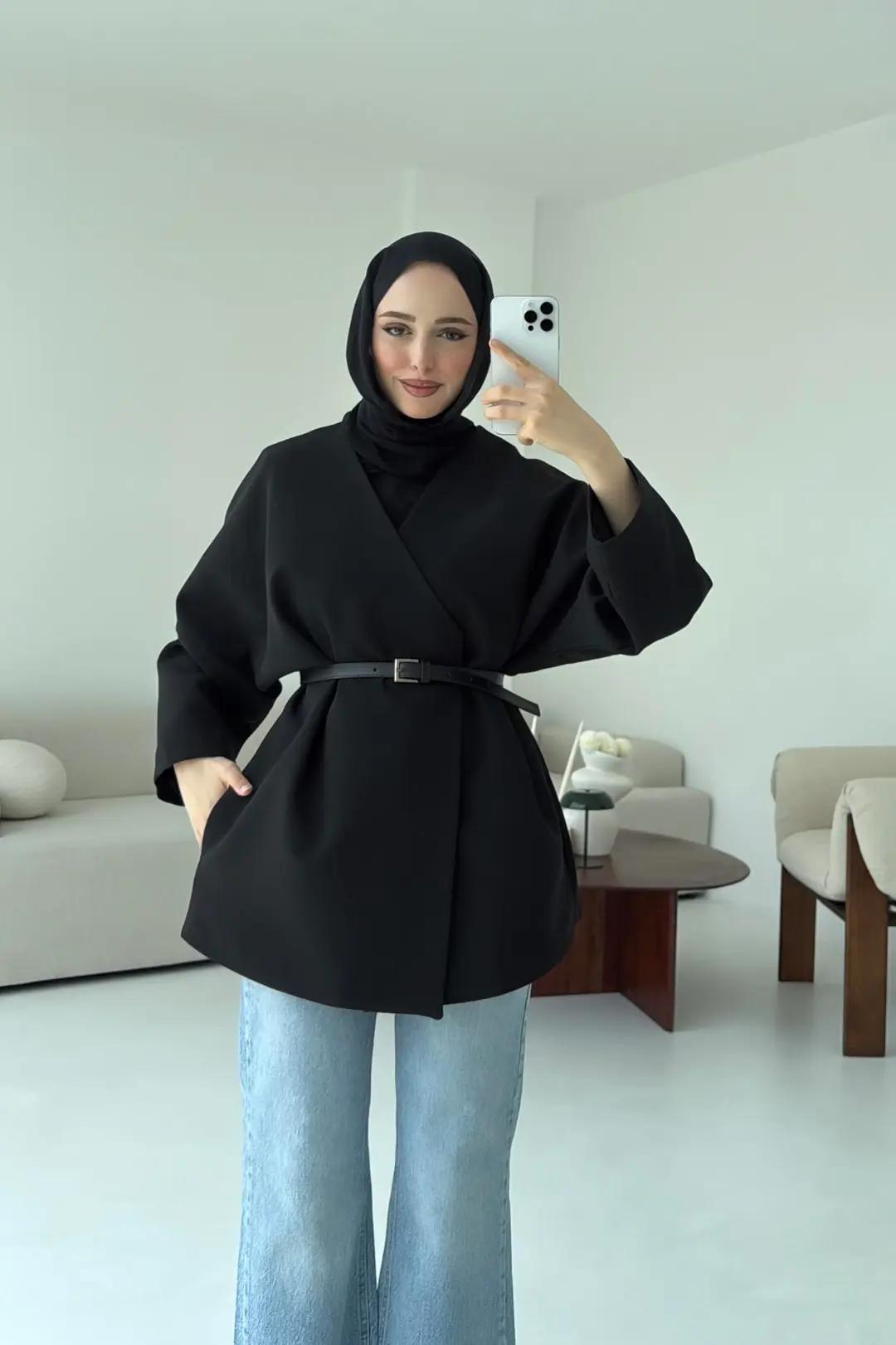Deri Kemer Detay Oversize Ceket Siyah