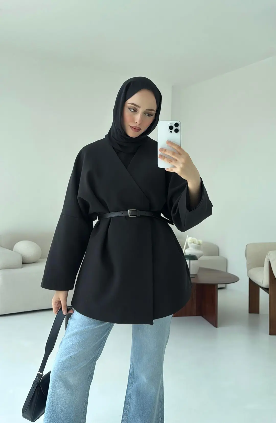 Deri Kemer Detay Oversize Ceket Siyah