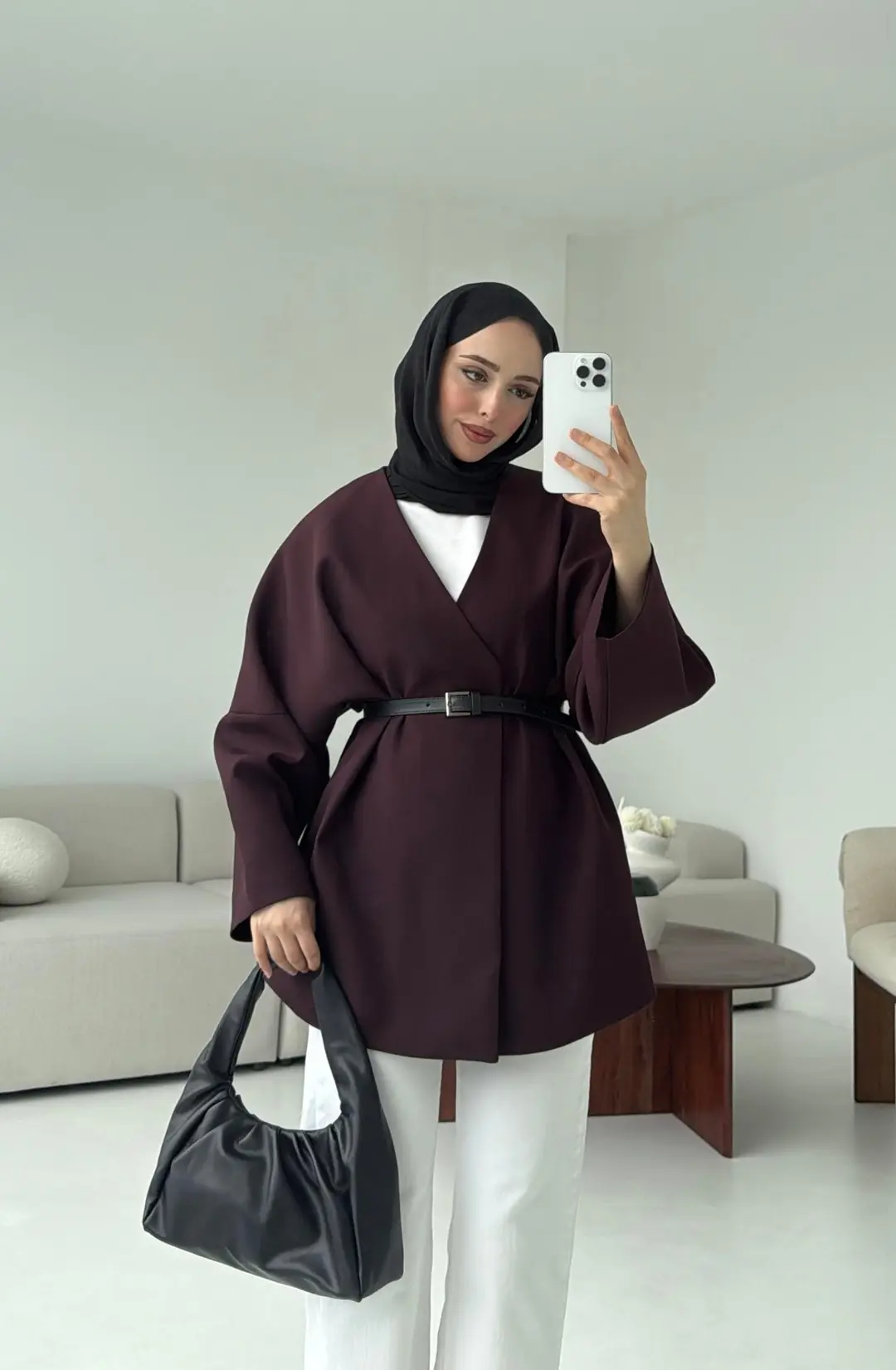 Deri Kemer Detay Oversize Ceket Mürdüm