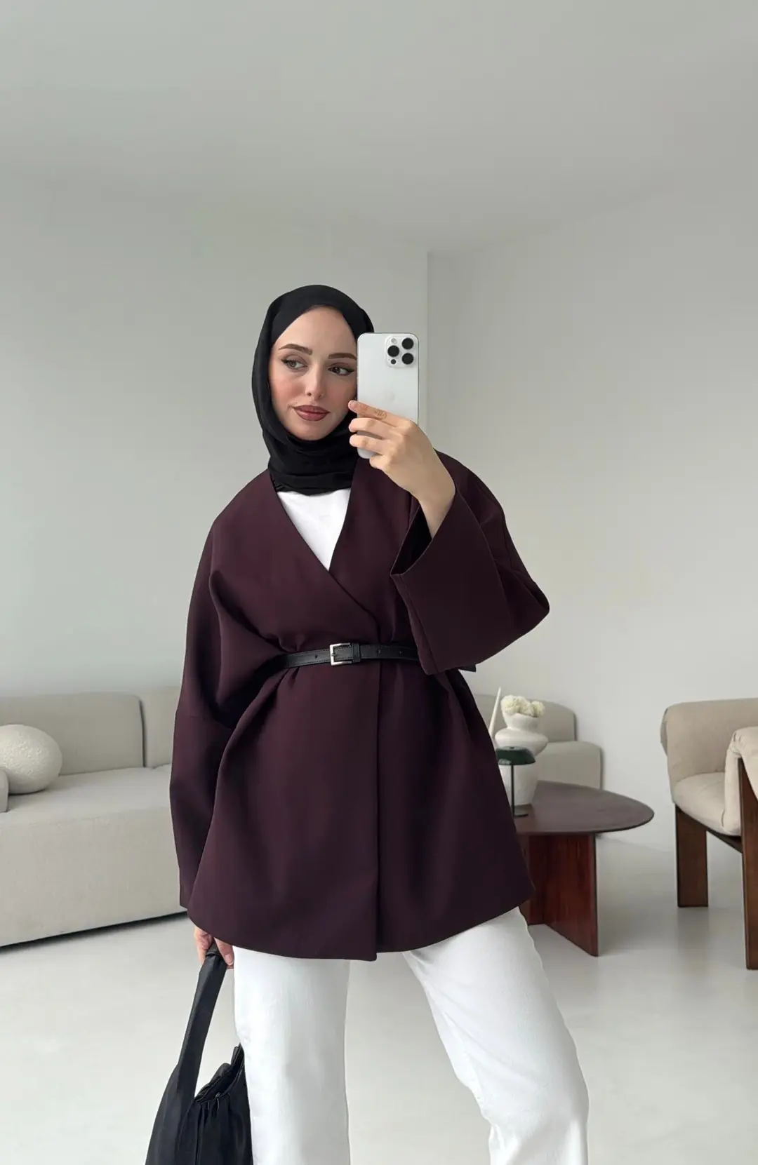 Deri Kemer Detay Oversize Ceket Mürdüm