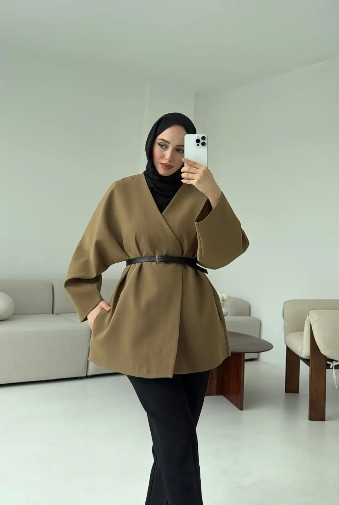 Deri Kemer Detay Oversize Ceket Olive