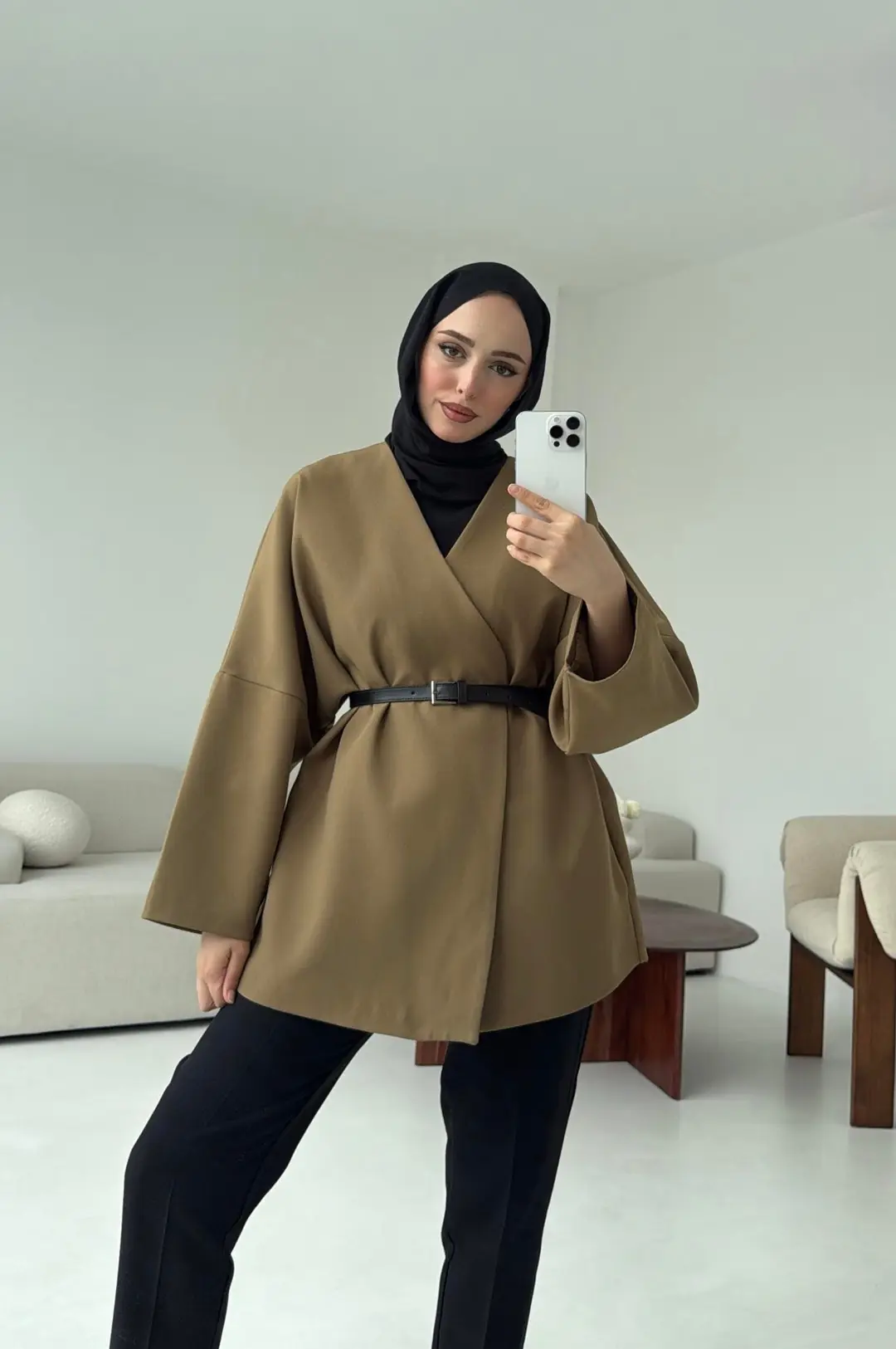 Deri Kemer Detay Oversize Ceket Olive