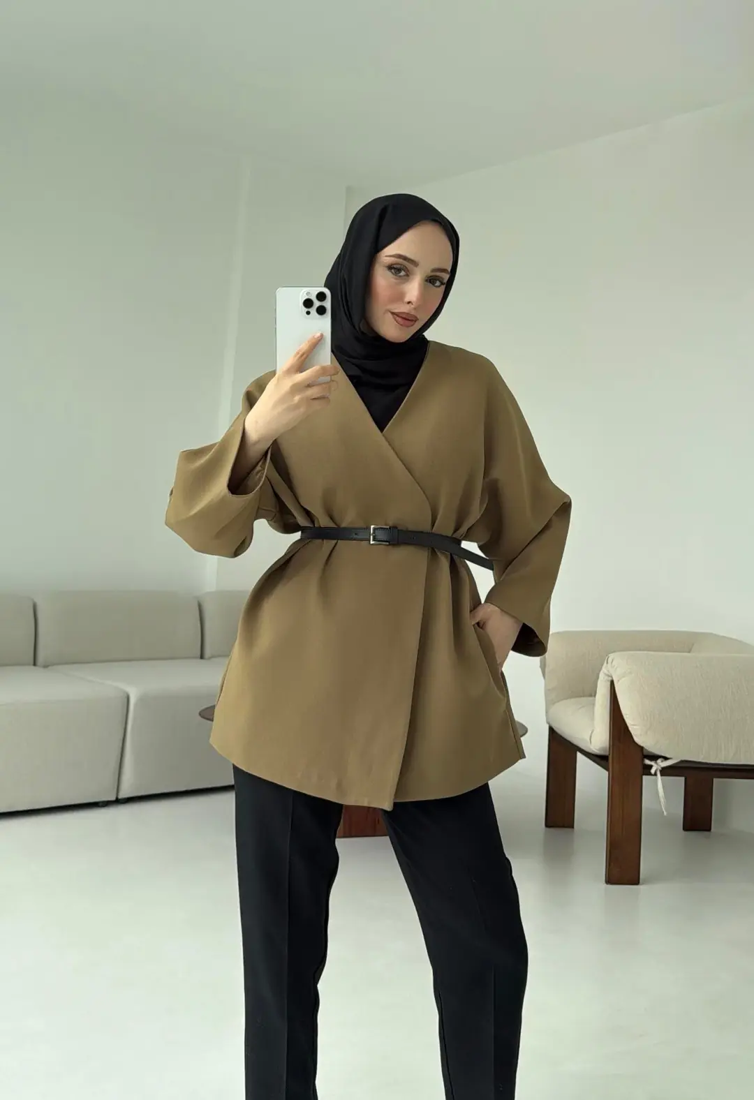 Deri Kemer Detay Oversize Ceket Olive