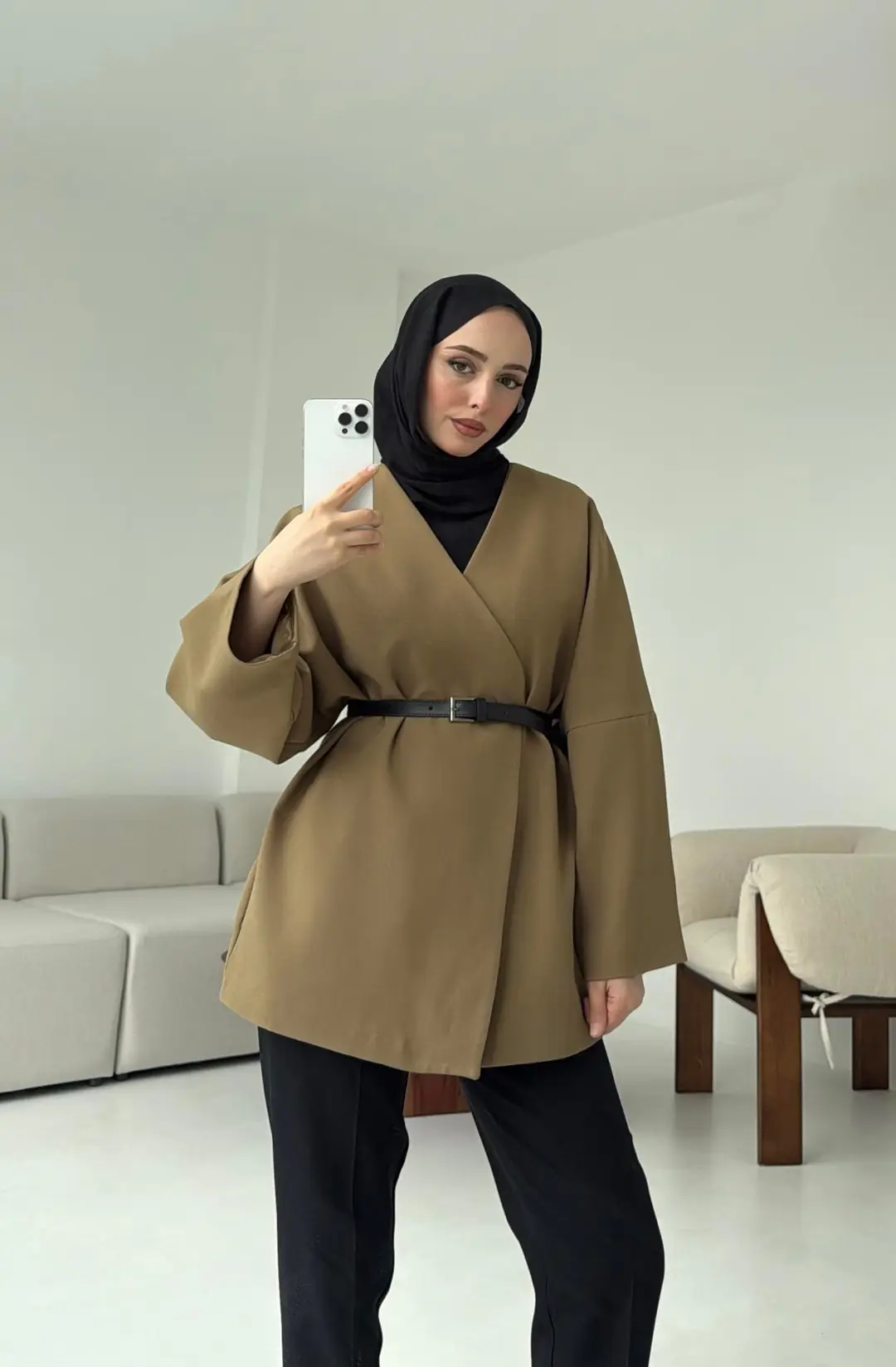 Deri Kemer Detay Oversize Ceket Olive