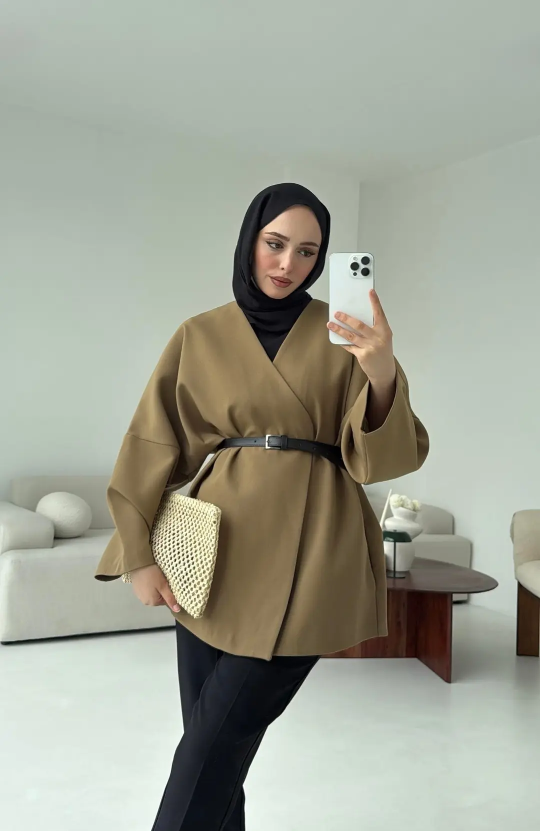 Deri Kemer Detay Oversize Ceket Olive