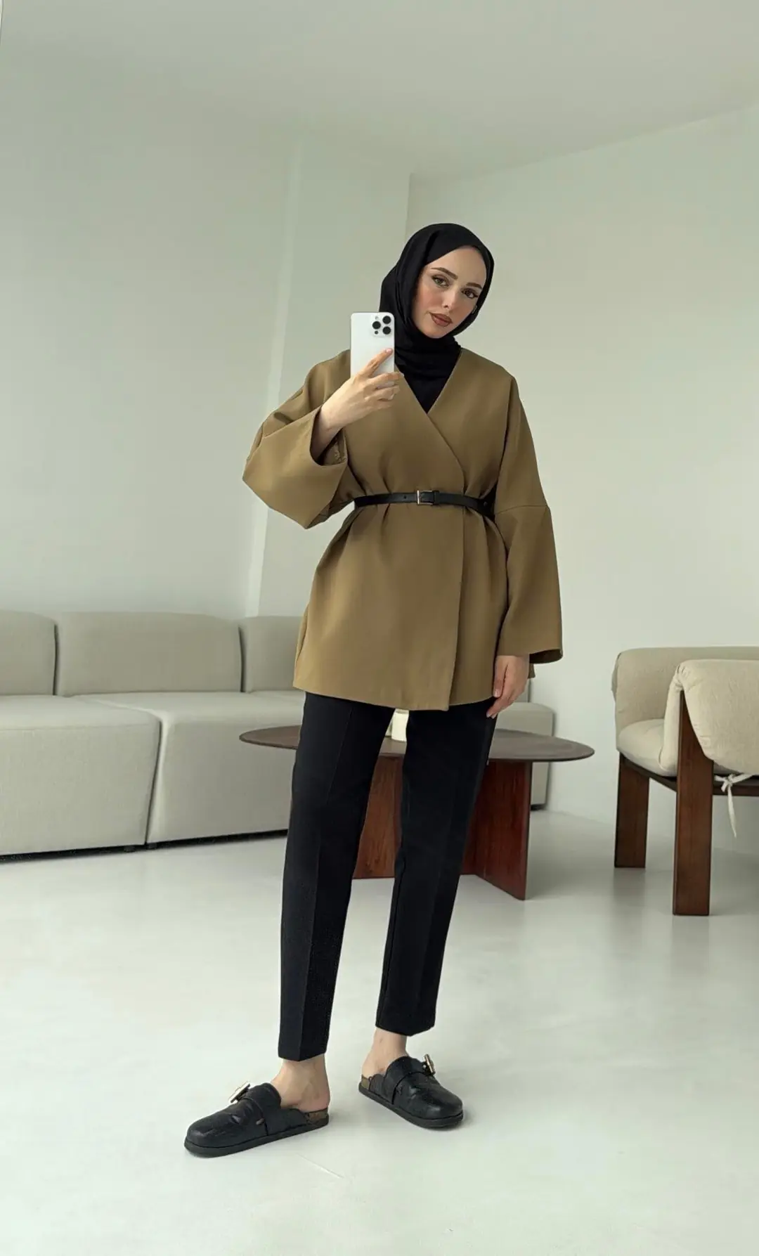 Deri Kemer Detay Oversize Ceket Olive