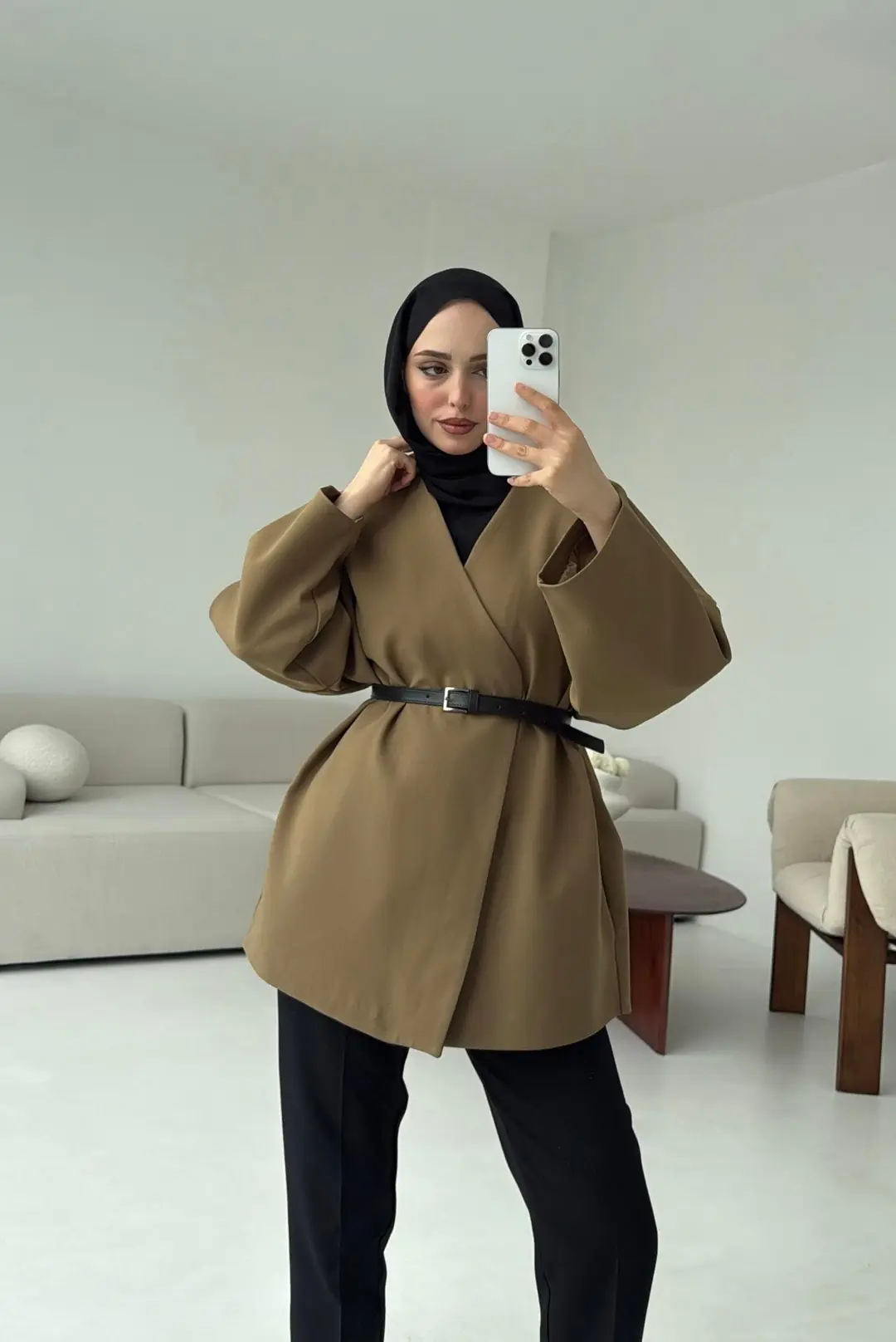 Deri Kemer Detay Oversize Ceket Olive