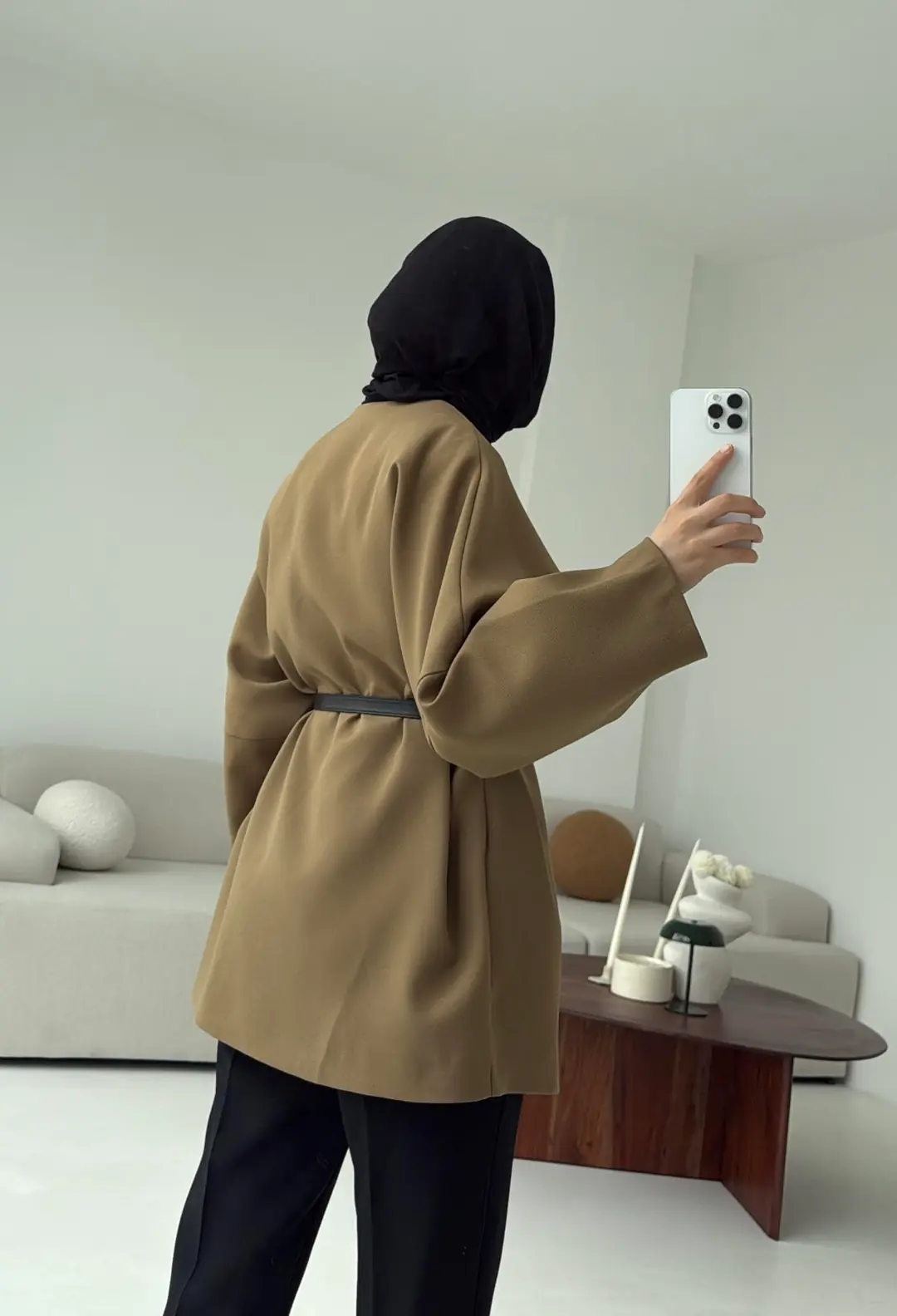 Deri Kemer Detay Oversize Ceket Olive