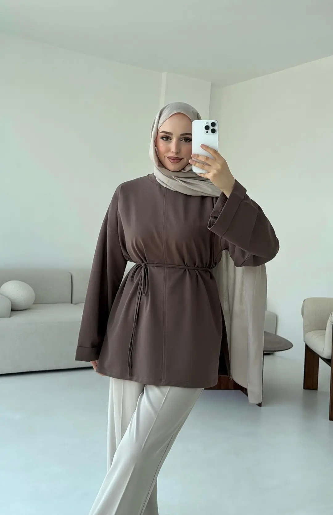Bağlamalı Yanı Yırtmaç Detay Sweat Acık Kahve