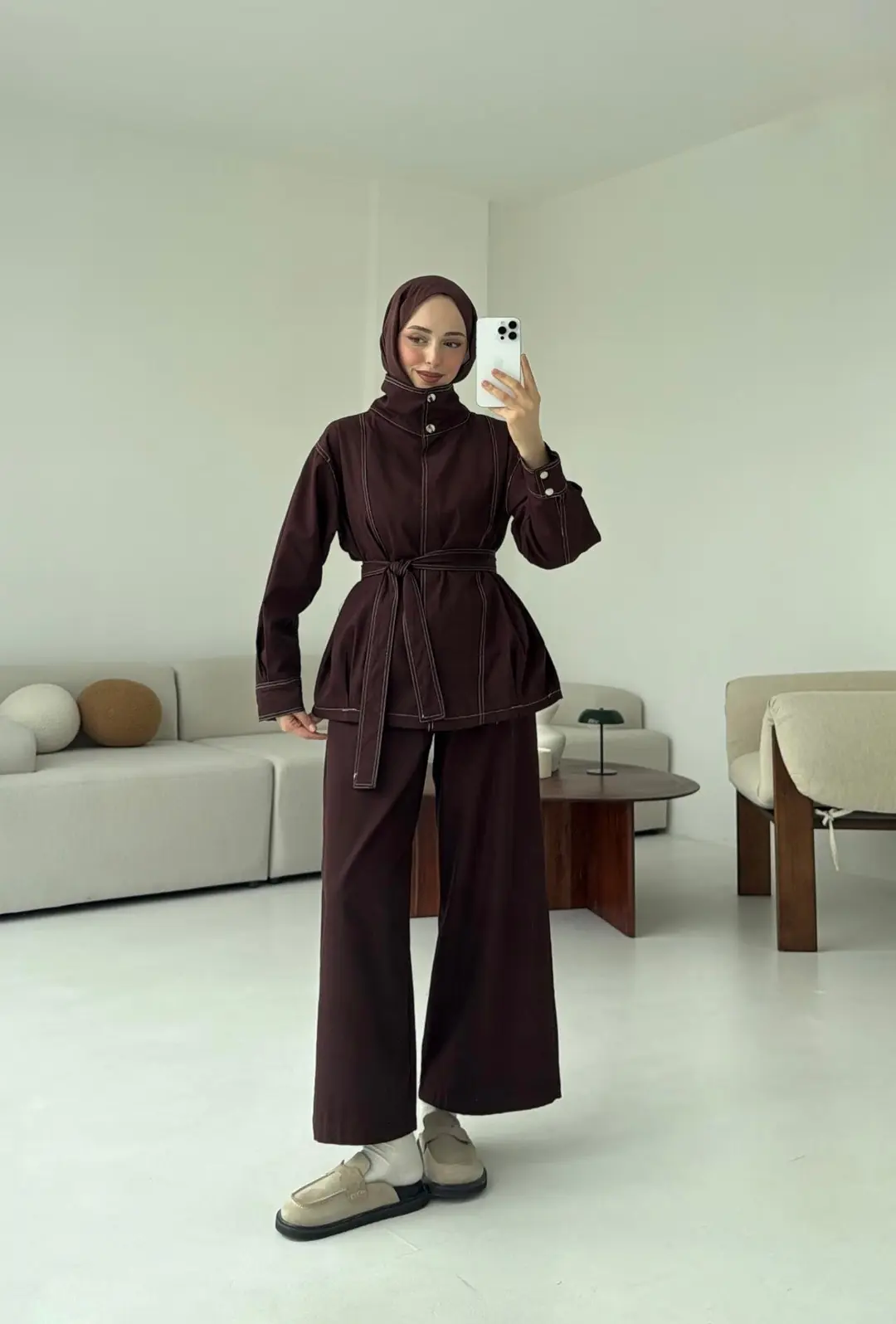 Kontrast Dikişli Gabardin Takım Kahve