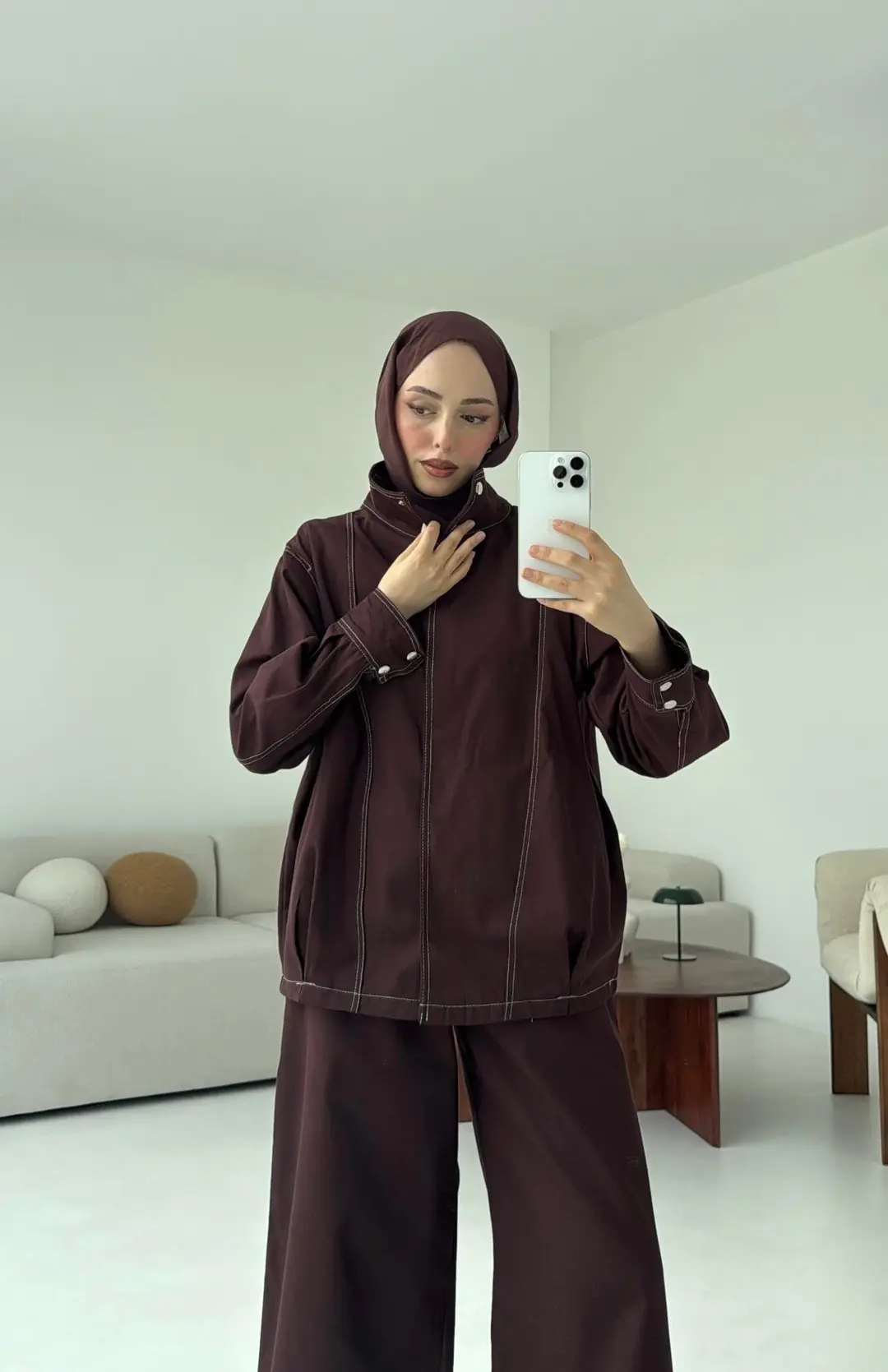 Kontrast Dikişli Gabardin Takım Kahve