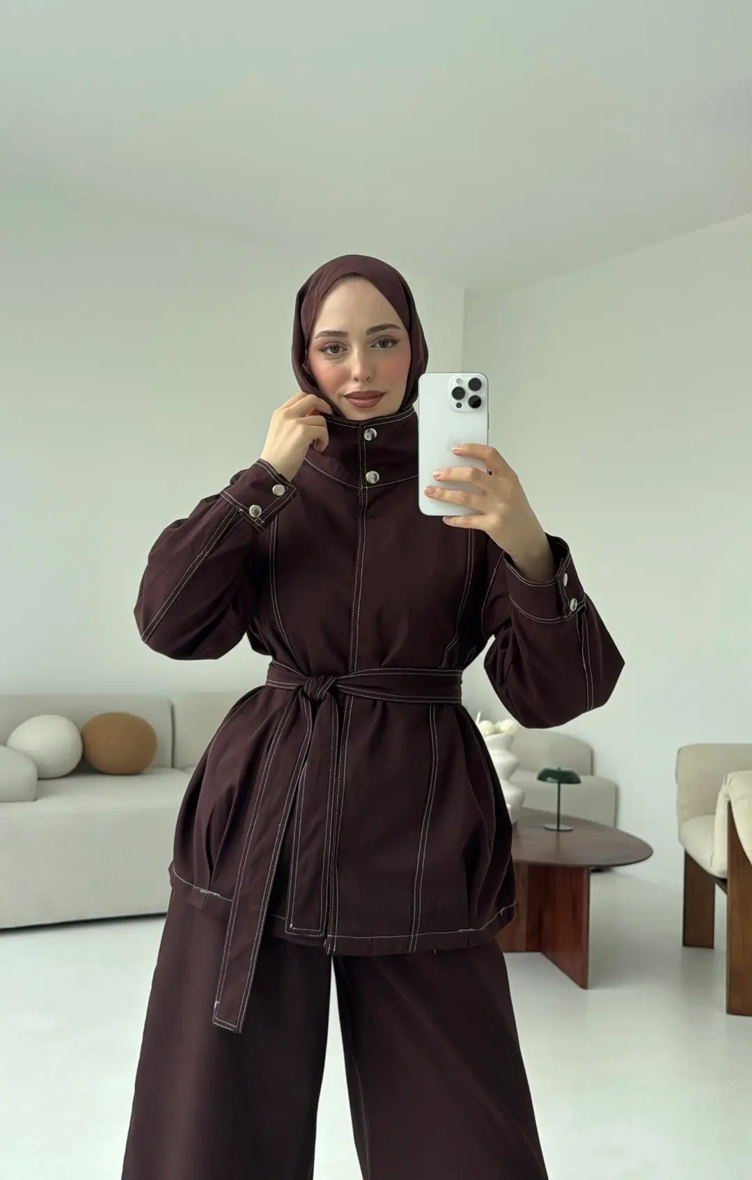 Kontrast Dikişli Gabardin Takım Kahve