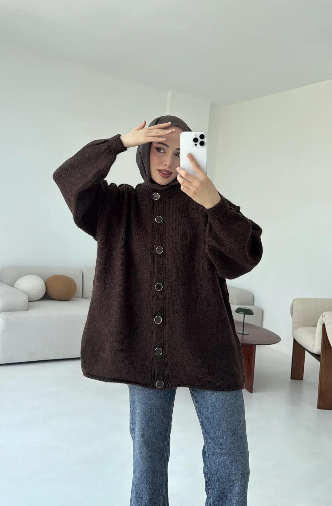 Düğmeli Triko Hırka Kahve
