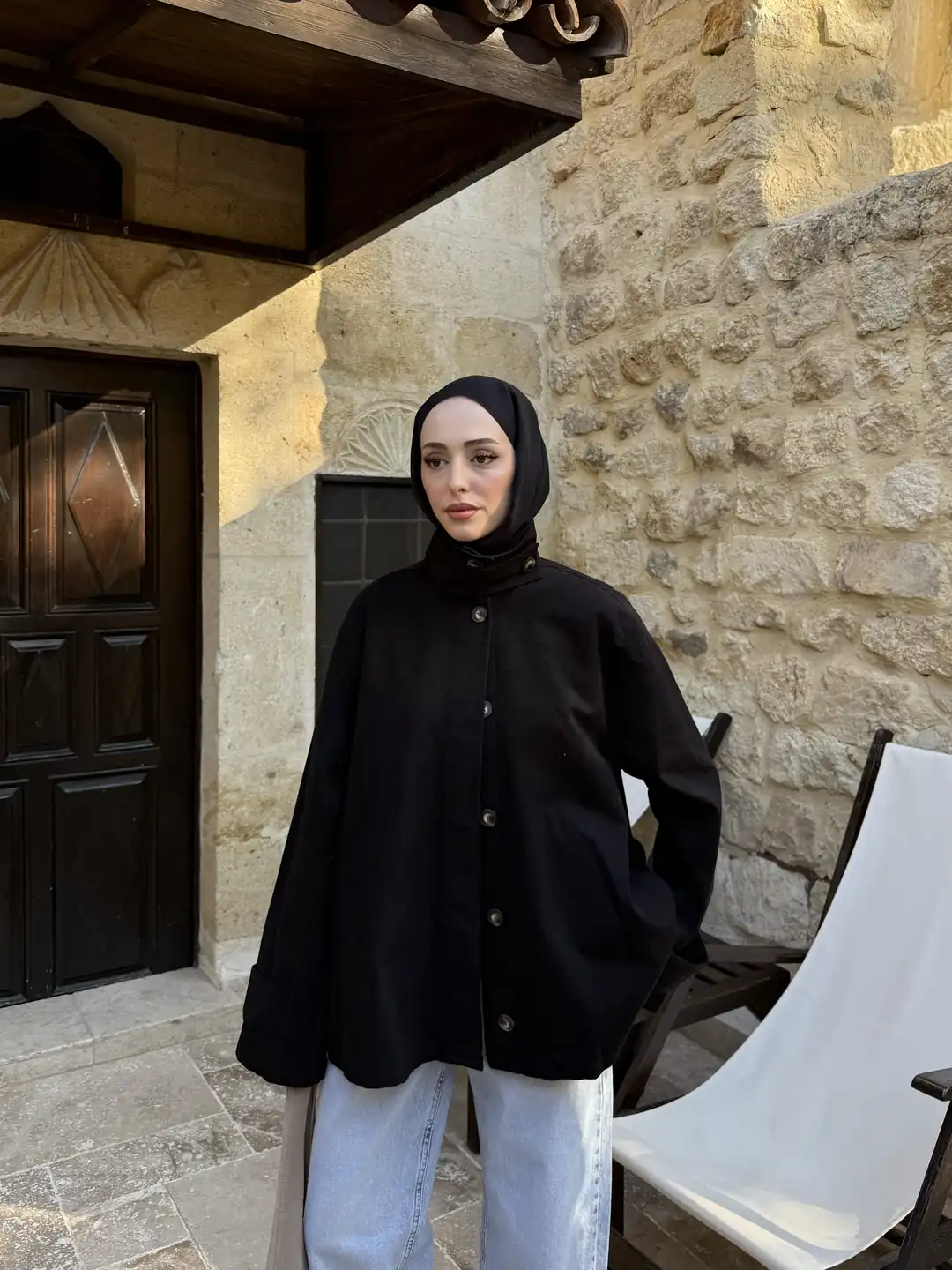 Dik Yaka Gabardin Ceket Siyah