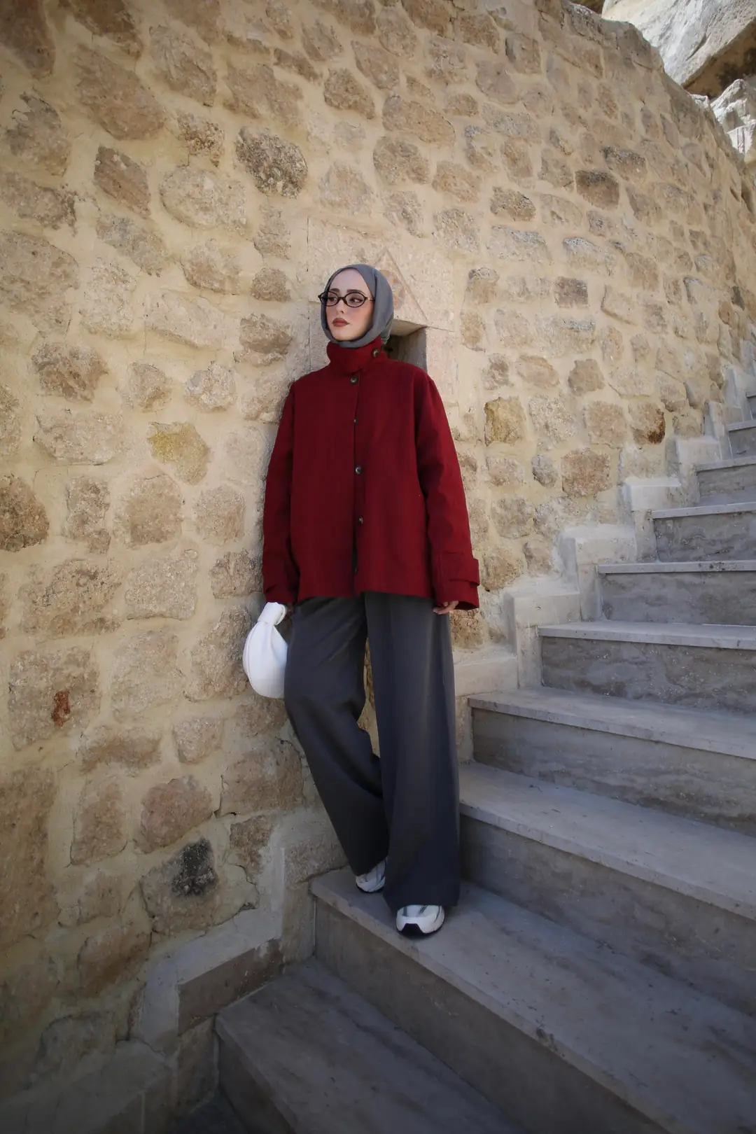 Dik Yaka Gabardin Ceket Bordo