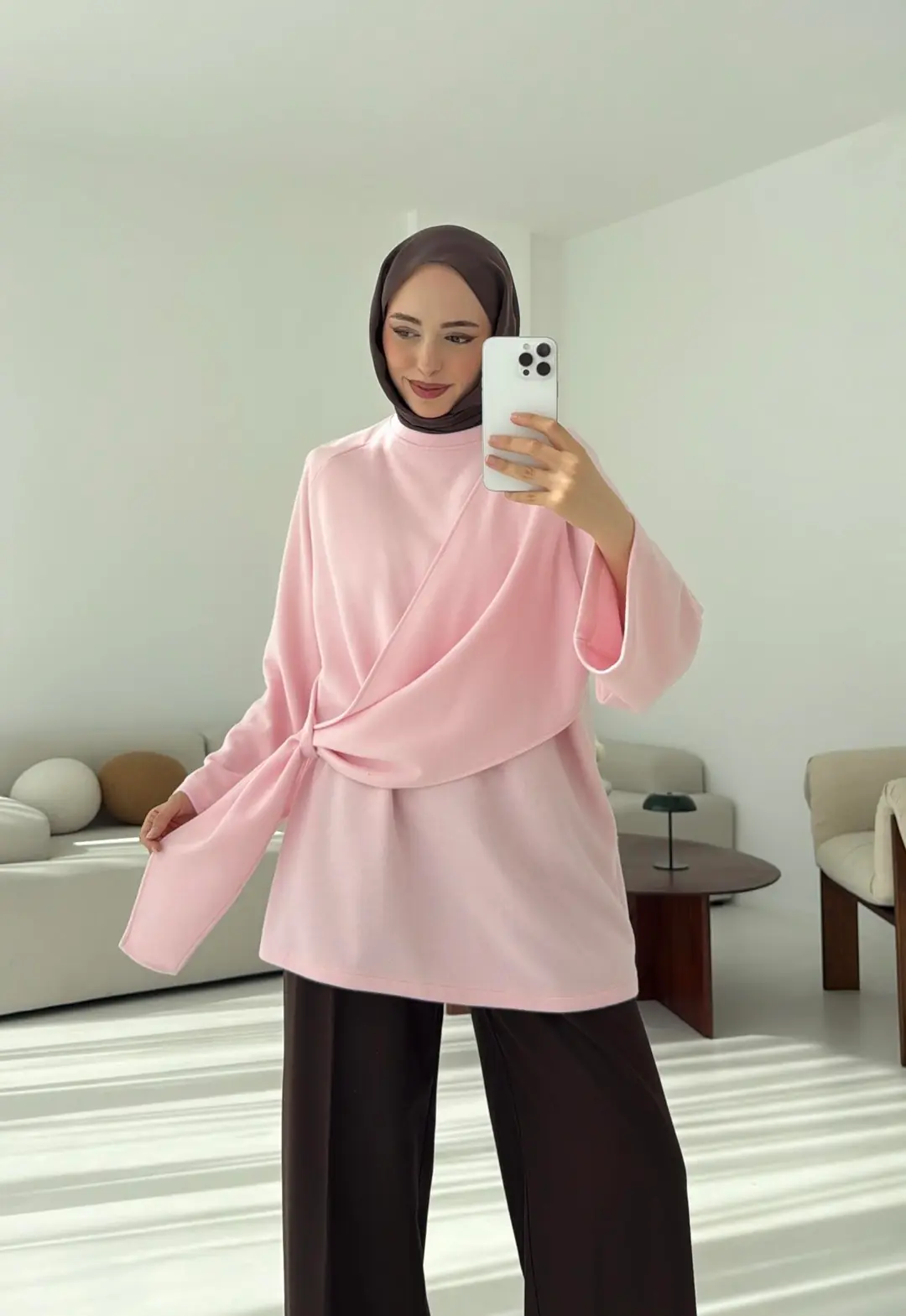 Yandan Şallı Tunik Pembe