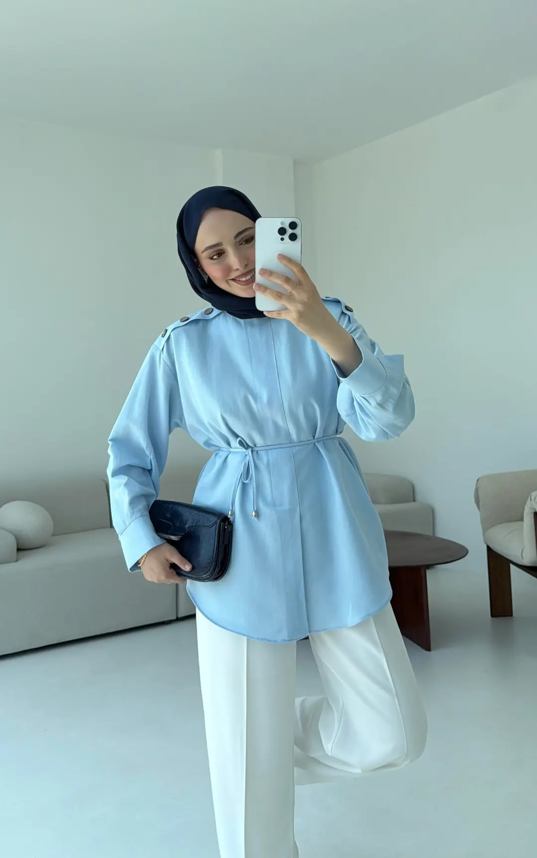 Bağlamalı Keten Bluz Mavi