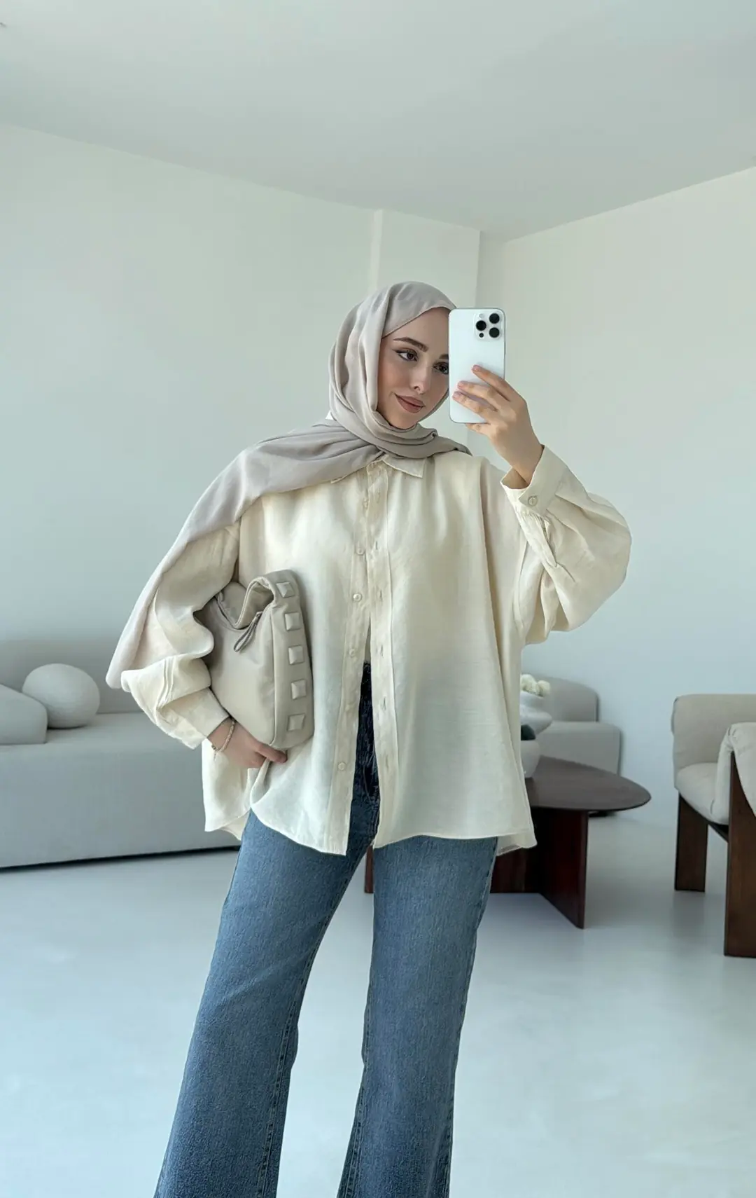 Tencel Pis Dikiş Oversize Krem Gömlek