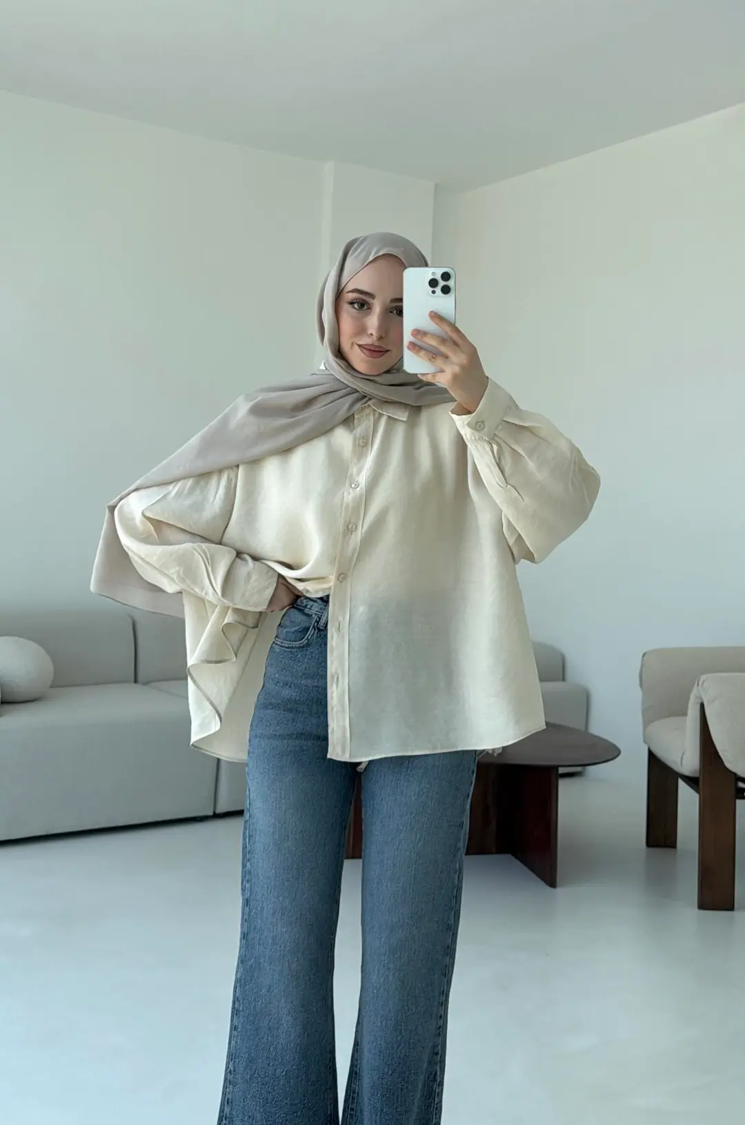 Tencel Pis Dikiş Oversize Krem Gömlek