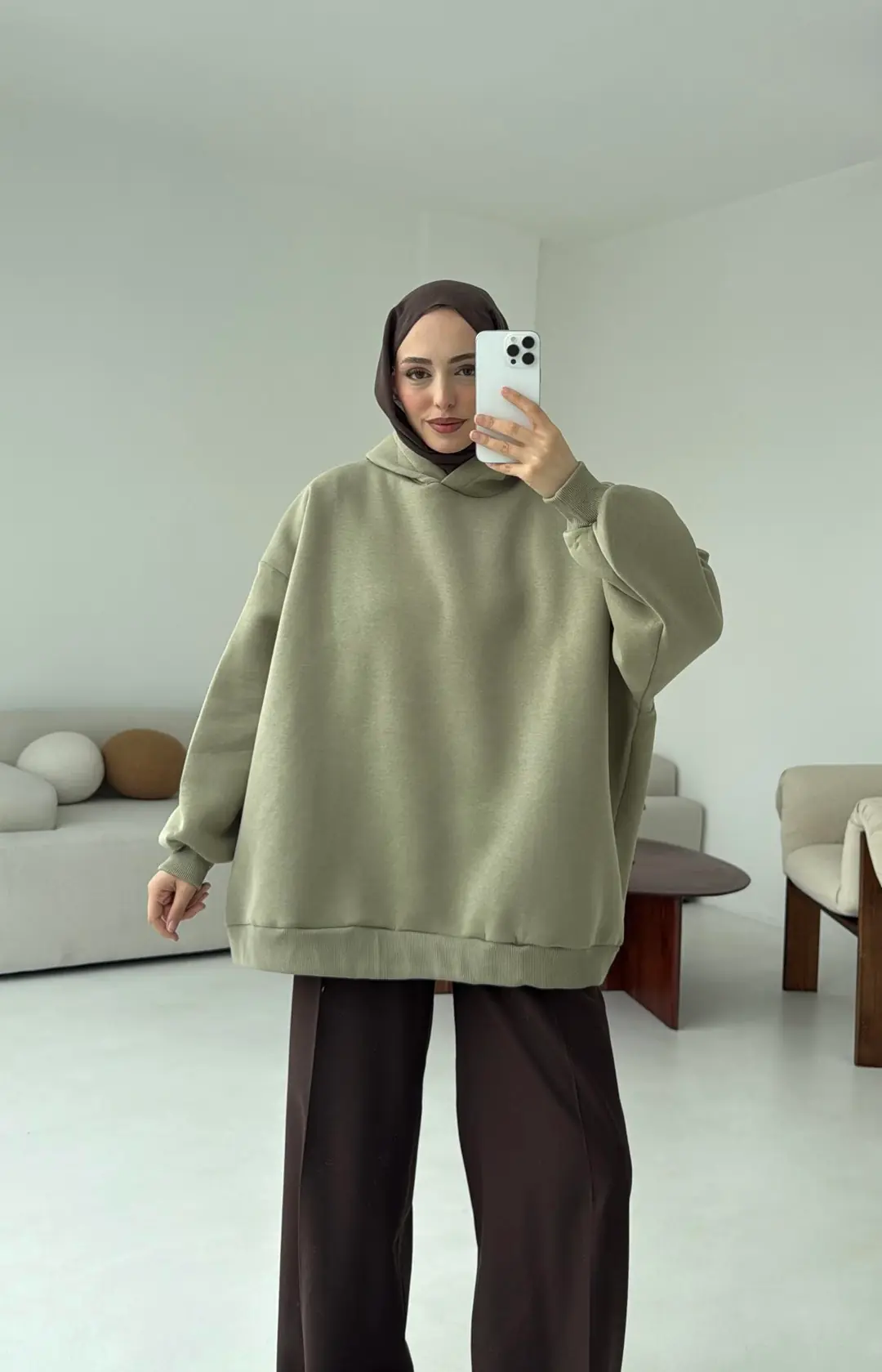 Kapüşonlu Oversize Şardonlu Sweatshirt Cagla
