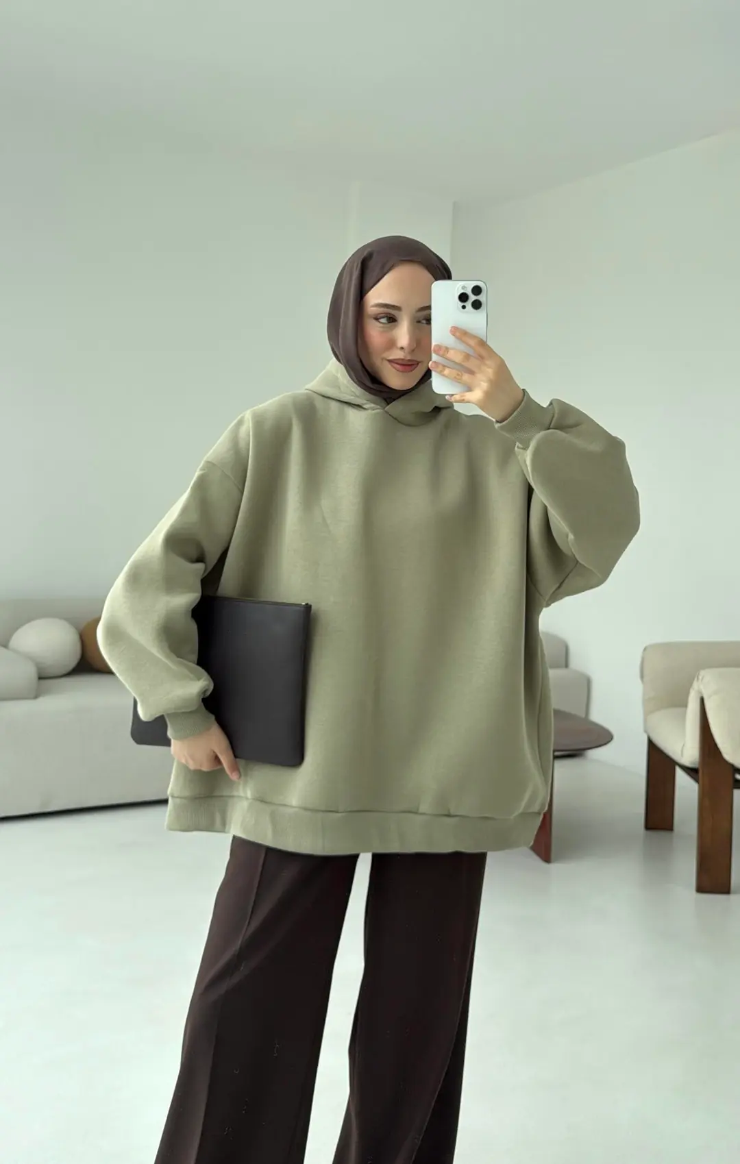 Kapüşonlu Oversize Şardonlu Sweatshirt Cagla