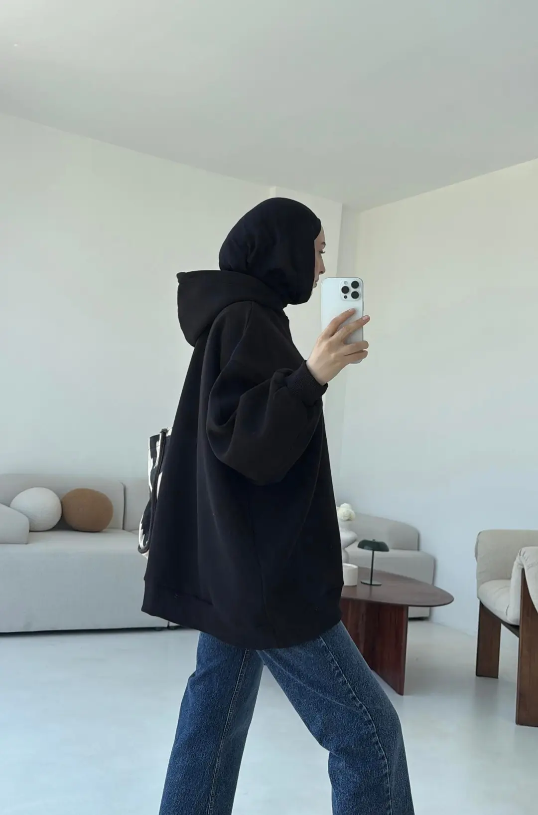 Kapüşonlu Oversize Şardonlu Sweatshirt Siyah