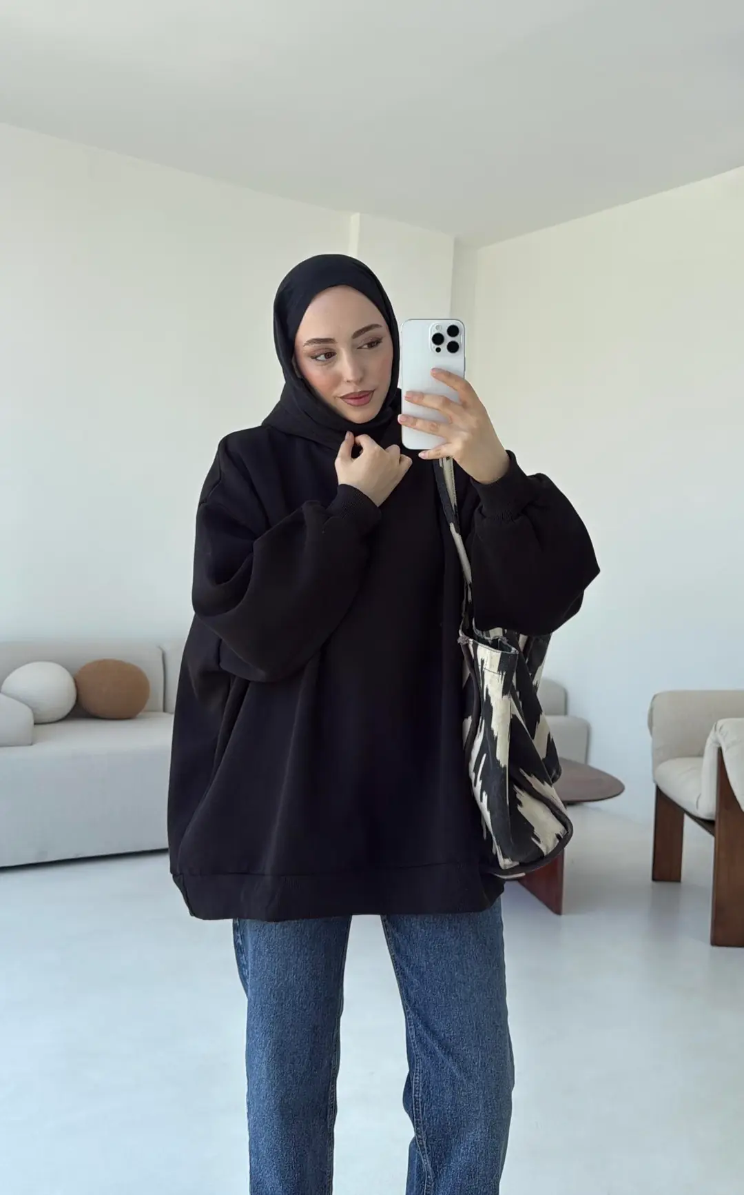 Kapüşonlu Oversize Şardonlu Sweatshirt Siyah