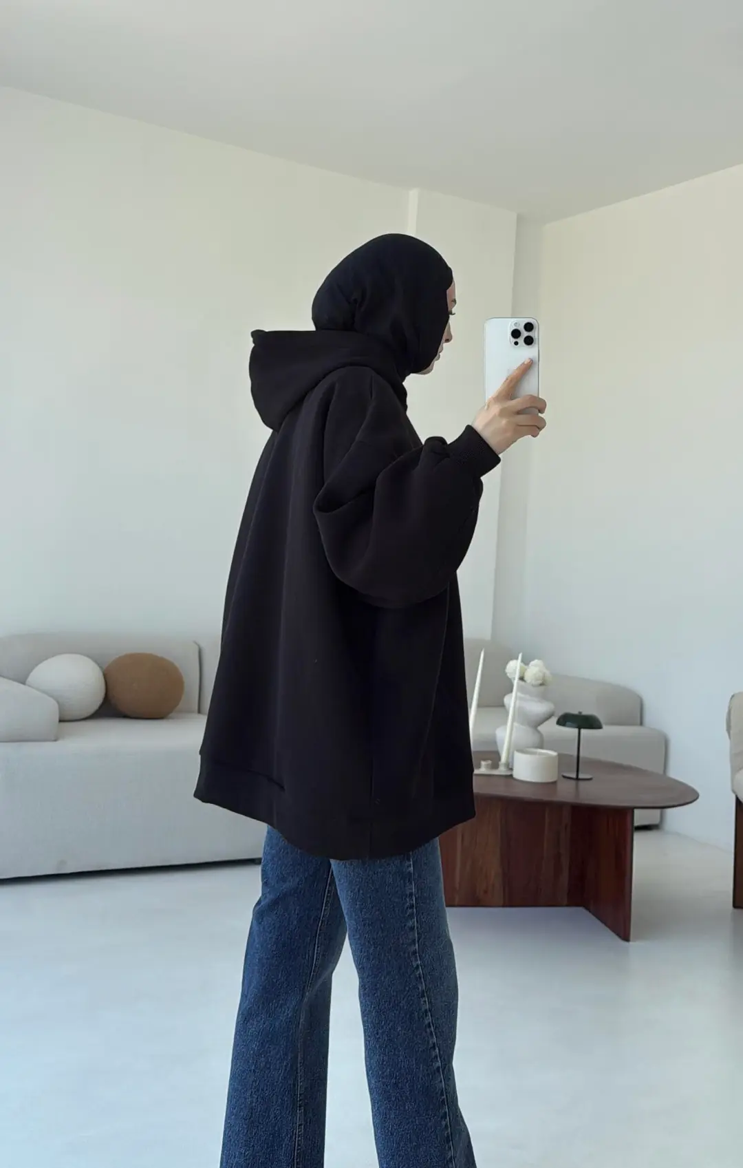 Kapüşonlu Oversize Şardonlu Sweatshirt Siyah