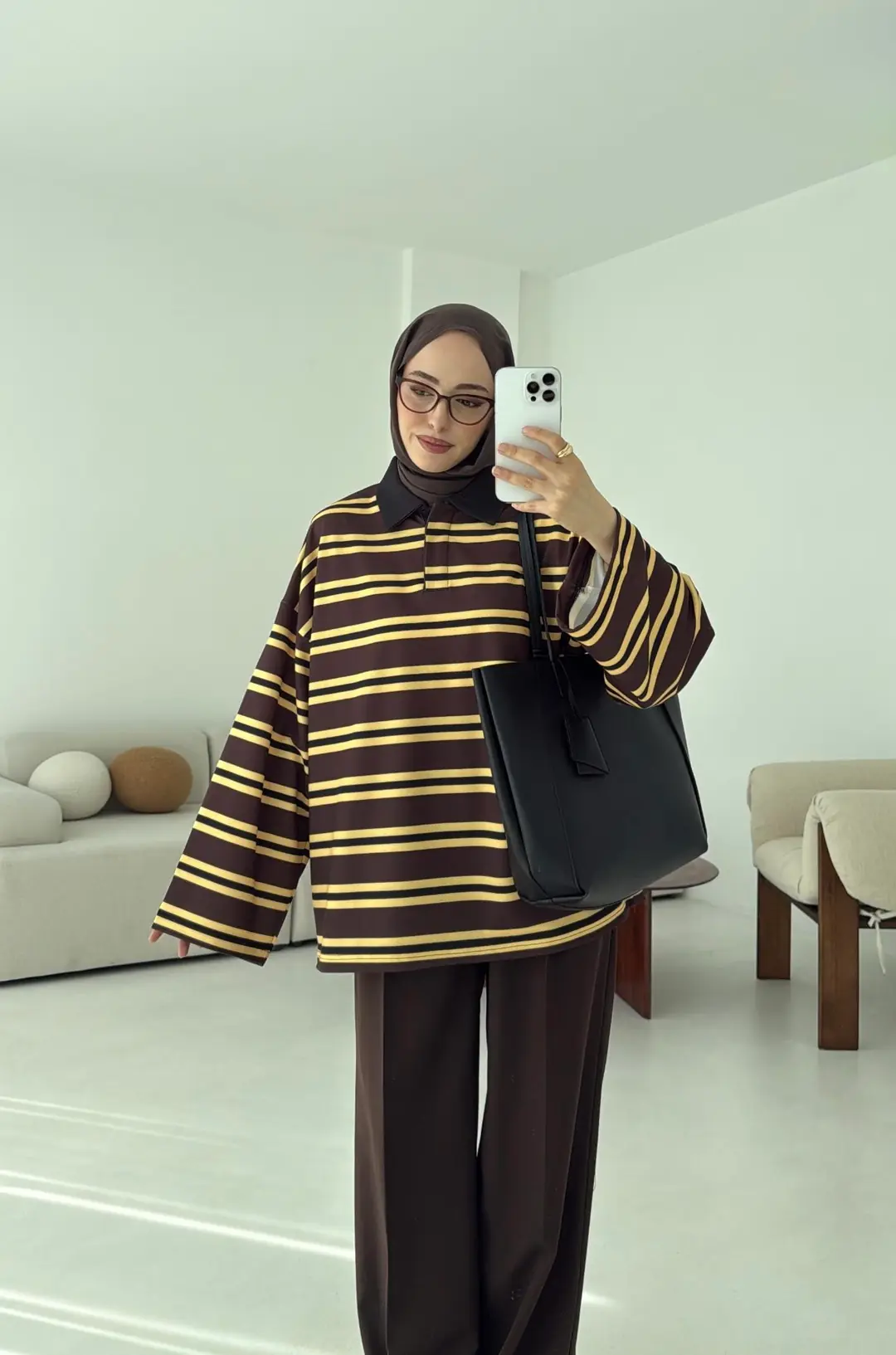 Sarı Çizgili Polo Yaka Sweatshrt