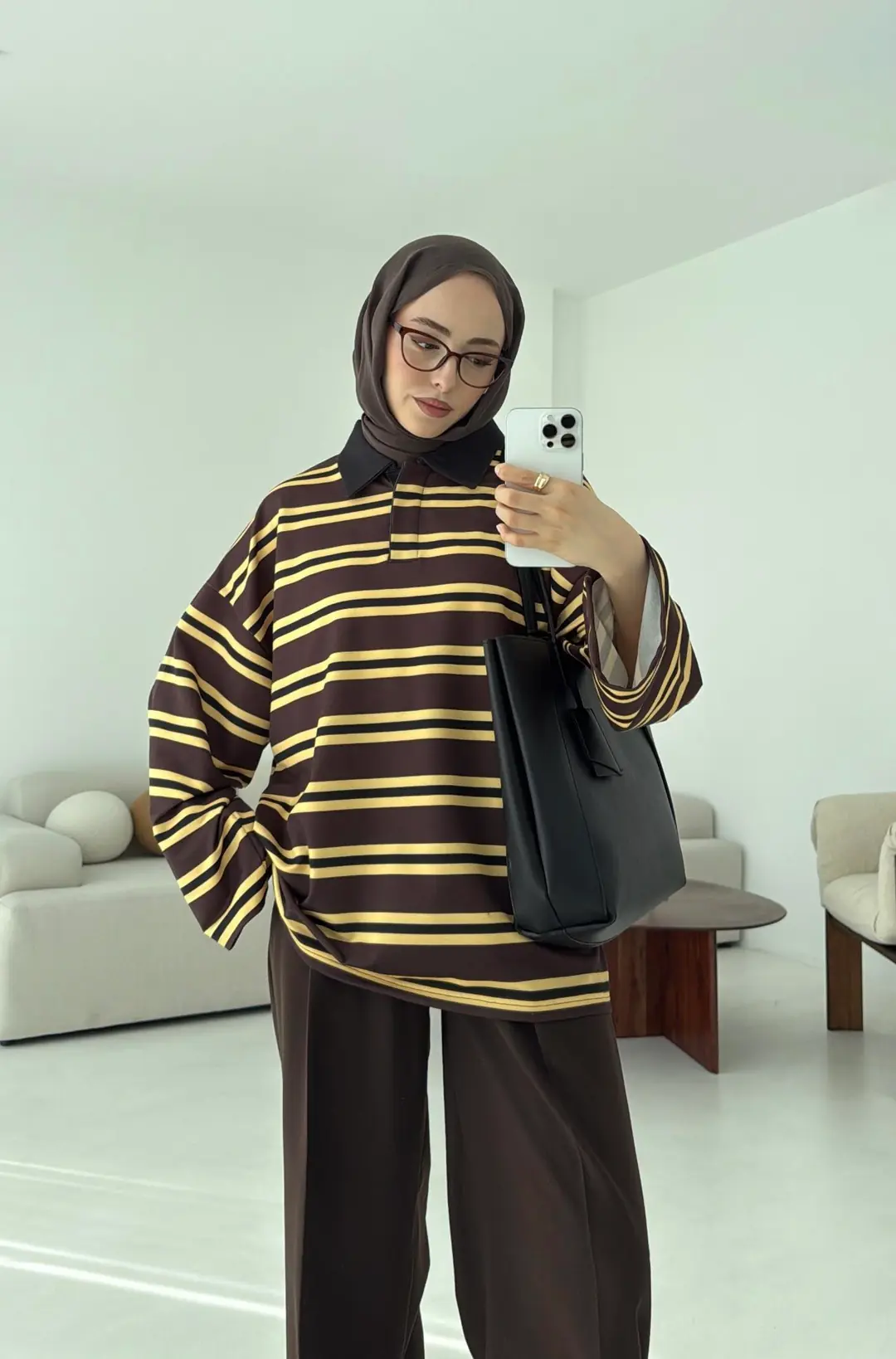 Sarı Çizgili Polo Yaka Sweatshrt