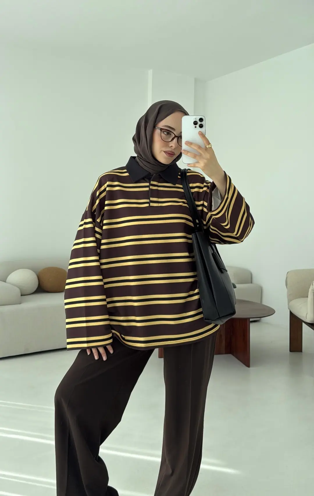 Sarı Çizgili Polo Yaka Sweatshrt