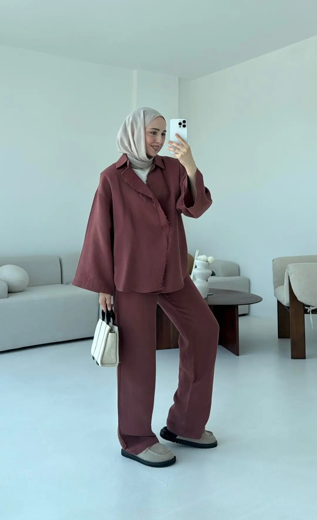 Müslin Düğmeli Kimono Takım Kiremit